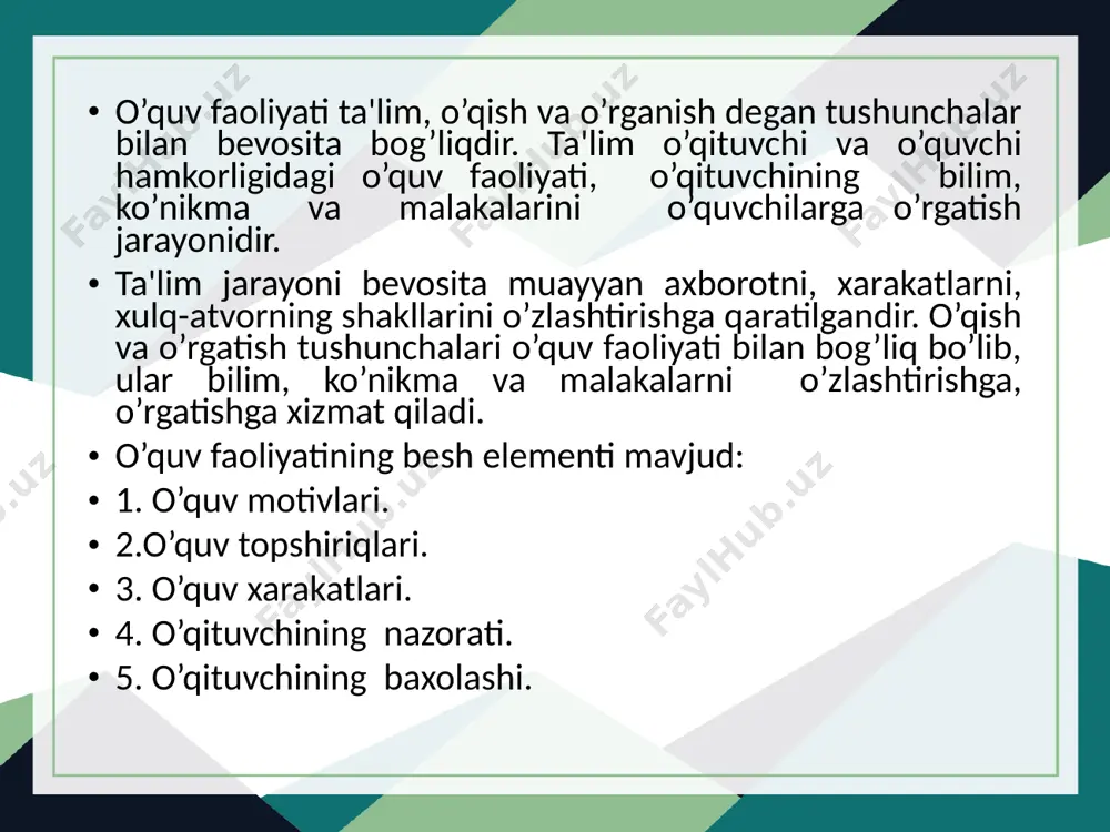lozim. kuzatishlar ko’rsatadiki, bunday ko’rsatmalar berilmaganda, o’quvchilarda ko’pincha notog’ri tasavvurlar vujudga keladi. o’qitishning emosionalligi ta'limning muvaffaqiyatliligini ta'minlovchi omillardan biridir. ta'lim berish jarayoni emosional jarayon. agar o’quvchilarga berilayotgan axborot ularda hech qanday his-tuyg’u uyg’otmasa, uni o’quvchilar yaxshilab esda olib qolmaydilar. gap o’quvchilarning psixik holatlari, ya'ni ularning muayyan bir paytdagi kechinmalari haqida ham borishi kerak, albatta. ulardagi quvonchli, optimistik kayfiyat o’quv faoliyatini juda samarali qiladi. o’quvchilar emosional ruhdagi materialni durustroq o’zlashtirib oladilar. o’tkazilgan tajribalar o’quvchilar hech qanday his-tuyg’u uyg’otmaydigan materialga qaraganda, emosional ruhdagi materialni yaxshiroq eslab qolishlarini ko’rsatadi. o’qituvchi o’quv jarayonining emosional tomoni haqida g’amxo’rlik qilishi kerak. bu muammo juda muhim ahamiyatga ega, chunki, birinchidan, ta'limning mazmuni nihoyatda murakkablashib, hajmi esa g’oyat kattalashib ketgan. uning muvaffaqiyatli o’zlashtirilishiga erishish uchun o’quvchilarning o’quv faoliyatini kuchaytirish lozim. ijobiy tuyg’ular o’quv mehnatining samaradorligiga kuchli ta'sir etadi. fafsala bilan bajarilgan beg’araz munozara paydo bo’ladi, baxslashiladi, befarq qaragan yoki undan ham salbiy munosabatda bo’lgan ishga esa, hech qanday …