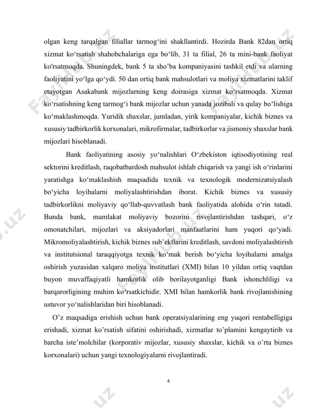 ri rentabelligiga erishadi, xizmat ko’rsatish sifatini oshirishadi, xizmatlar to’plamini kengaytirib va barcha iste’molchilar (korporativ mijozlar, xususiy shaxslar, kichik va o’rta biznes korxonalari) uchun yangi texnologiyalarni rivojlantiradi. asakabank farg’ona viloyati oltiariq tuman filiali faoliyatining asosiy tamoyillari: – mijozlar biznesini chuqur anglash – mijozlarning shaxsiy menejmenti – individual yondashuv – eski va yangi mijozlarga birdek e’tibor – tezkor qaror qabul qilish – professionallar jamoasi bo’lishga intilish, bank maqsadini ro’yobga chiqarish uchun o’z mahoratini doimiy tarzda rivojlantirib va takomillashtirib borish. xalqaro va mahalliy kapital bozorlariga muvaffaqiyatli tarzda kirib borishi va ishonchli qarz oluvchi sifatida obroʻ-e’tibor qozonishi xalqaro investorlar tomonidan bankka boʻlgan ishonchning tobora oʻshib borayotganligining dalilidir. bank aksiyalarining bir qismi xalqaro moliya korporatsiyasi (ifc), gollandiya banki (fmo) va respons ability investitsion kompaniyasi tomonidan xarid qilinishi buning isboti boʻldi va bu bankning investitsion jozibadorligini ancha yuksaltirdi. asakabank bo‘limlarida olib borilgan ishlarning qisqacha tavsifi hozirda mehnat sohasiga oid qonunchilik hujjatlari va bu sohani tartibga soladigan …