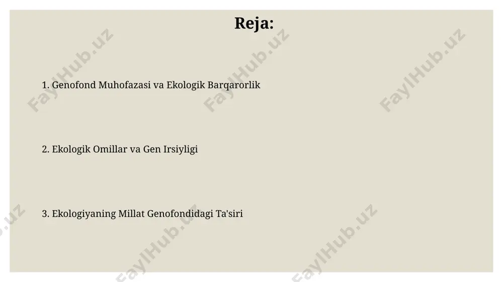 g milliy genofondga ta'siri chorvachilikning intensiv usullari, ayniqsa, 2000 yildan keyin, mahalliy zotli qoramolning genofondini kamaytirdi, natijada genetik xilma-xillik pasayib, kasalliklarga chidamlilik darajasi past bo'lgan hayvonlar ko'paydi. o'zbekistonning janubiy hududlarida, masalan, qashqadaryo viloyatida, 50 dan ortiq endemik o'simlik turlari mavjud bo'lib, ular milliy genofondning noyob tarkibiy qismini tashkil etadi va ekologik o'zgarishlarga juda sezgir. ekologik muhofaza va genofondni saqlash orol dengizi atrofidagi 200 dan ortiq o'simlik turlari yo'qolib ketish xavfi ostida bo'lib, bu mintaqaning genofondini sezilarli darajada kamaytirmoqda va ekologik muvozanatni buzmoqda. markaziy osiyo tog'li hududlarida 500 dan ziyod noyob hayvon turlarining genetik xilma-xilligini saqlash uchun maxsus qo'riqxonalar tashkil etilgan, bu genofondni muhofaza qilishga xizmat qiladi. ekologik omillar va genetik xilma-xillik oʻzbekistonning amudaryo deltasida yashovchi 50 ga yaqin qush turi genetik xilma-xilligini suv havzalarining ifloslanishi va qurgʻoqchilik kabi ekologik omillar sezilarli darajada kamaytirmoqda. tojikiston togʻlaridagi 200 dan ortiq oʻsimlik turi ekologik sharoitlarning oʻzgarishi, yaʼni, global isish va yashash joylarining yoʻqolishi …