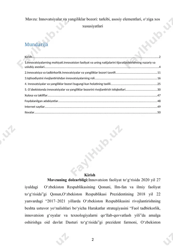 ilish tizimini takomillashtirish va tadbirkorlikni rivojlantirishga doir qo‘shimcha chora-tadbirlar to‘g‘risida» 2020 yil 13 oktabrdagi pq-4862-son qarorlari, “o‘zbekiston respublikasi iqtisodiy taraqqiyot va kambag‘allikni qisqartirish vazirligi huzuridagi tadbirkorlikni rivojlantirish agentligi faoliyatini samarali tashkil etish to‘g‘risida ” 2021 yil 17 fevraldagi o‘zbekiston respublikasi vazirlar mahkamasining qarori kabi myoriy hujjatlar shular jumlasidandir. ushbu hujjatlarni qabul qilishdan maqsad tadbirkorlik faoliyatini rivojlantirish, yangi tadbirkorlarni vujudga keltirish va rivojlantirish uchun qulay shart-sharoitlar yaratish, innovatsion tizimning salohiyati va samaradorligini oshirishga ko‘maklashish, innovatsiyalar uchun qulay bo‘lgan normativhuquqiy, moliyaviy va axborot muhitini yaratishdan iborat. shuningdek, sanoatda raqobatbardoshlik va mahsuldorlikni oshirish, yuqori texnologiyali mahsulotlar ulushini oshirishni rag'batlantirish, ishlab chiqarishni ko'paytirish va ishlab chiqarish va eksport tarkibida ulushni oshirish, innovatsion texnologiyalar va ilg'or boshqaruvni qo'llashni kengaytirishdir. bugun rivojlanishning innovatsion modellari va “aqlli” texnologiyalar amalga oshirilayotgan mamlakatlar eng muvaffaqiyatli va barqaror hisoblanadi. bunday mamlakatlarning barqaror taraqqiyoti, ularning jahon bozorlarida raqobatbardoshligi tabiiy resurslarni eksport qilish va jismoniy mehnatdan foydalanishga emas, balki innovatsion g‘oyalar va …