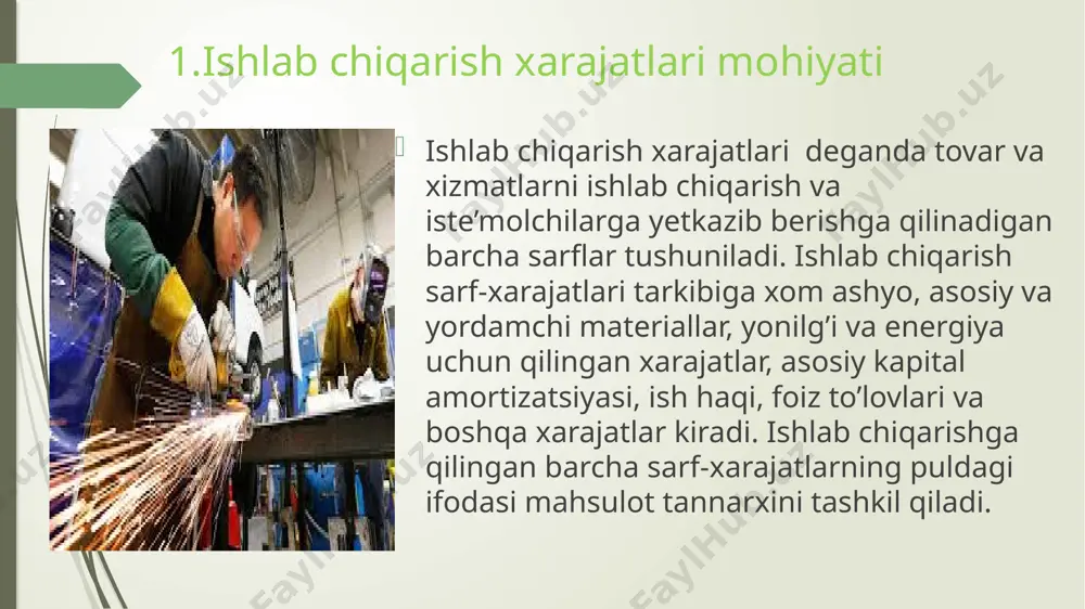 arajatlari; -ishlab chiqarishga tеgishli mеhnatga haq to`lash xarajatlari; -ishlab chiqarishga tеgishli ijtimоiy sug`urtaga ajratmalar; -asоsiy vоsitalar va nоmоddiy aktivlar amortizatsiyasi; -ishlab chiqarishga оid bоshqa xarajatlar. 4.ishlab chiqarish xarajatlari va uni pasaytirish yo’llari. mahsulot tannarxini pasaytirishning manbalari va omillari mehnat unumdorligini oshirish, xomashyo va material, yoqilg’i va elektroenergetika xarajatlarini kamaytirish, xizmat ko’rsatish va boshqarish sarflarini qisqartirish, ishlab chiqarishdan tashqari, xarajatlarni tejash sanoat mahsuloti tannarxini pasaytirishning eng muhim manbalari hisoblanadi. mehnat unumdorligini oshirish uchun yangi texnika, texnologiya jarayonlarini va ishlab chiqarishni o’stirish yoki tashkil etishning ilg’or usullarini joriy qilish orqali har bir mehnatchi tomonidan tayyorlanayotgan mahsulotni ko’paytirish kerak bo’ladi. bu holda har bir mahsulot birligiga sarflanadigan ish haqi qisqaradi, ammo ishchining umumiy ish haqi esa ortib boradi. mehnat unumdorligi ish haqiga nisbatan jadal o’sgandagina tannarx pasayadi. xizmat ko’rsatish va boshqarish uchun ketadigan xarajatlarni qisqartirishga esa tarmoq va korxonalardagi ma’muriy boshqaruv apparatining sarflarini kamaytirish, asbob-uskuna, bino va inshootlarni saqlash, yoritish, isitish uchun ketadigan …