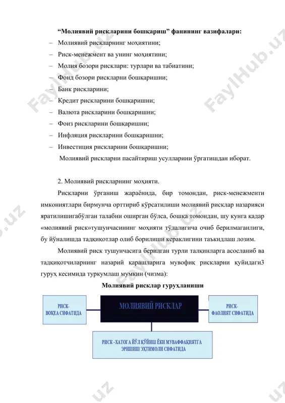 тчиларнинг назарий қарашларига мувофиқ рискларни қуйидаги3 гуруҳ кесимида туркумлаш мумкин (чизма): молиявий рисклар гуруҳланиши — биринчи гуруҳ риски. тадқиқотчиларнинг талқинига кўра, риск кенг маънода номаълум воқелик бўлиб, унинг юз бериши оқибатида фаолиятга ижобийёки салбий таъсир етказилиши мумкин; — иккинчи гуруҳ риски. олимларнинг қарашларига кўра, риск фаолият сифатида ютуқли натижага эришиш мақсадида амалга оширилган саъй-ҳаракат ҳисобланади; — учинчи гуруҳ риски. тадқиқотчилар бу рискни муқобил вариантларданбирини танлаш жараёнида ютуққа эришиш ёки хатога йўл қўйиш эҳтимоли сифатида талқин этишади. бундай қарашлар доирасидаги тадқиқотлар салмоқли бўлиб, муаллифларнингасосий қисми молиявий риск - бу молиявий инструментларга эгалик билан боқлиқ, шунингдек, молия институтлари актив ва пассивларининг параметрлари ўзаромос эмаслиги оқибатида йўқотиш(зарар кўриш) эҳтимоли эканлигини таъкидлашади. кейинги вақтда тадқиқотчилар «эҳтимол» тушунчасининг ўрнига «имконият» сўзини кўпроққўлланилаётганлигини маъқуллаб бўлмайди. рискнинг моҳияти фойда олиш ёки зарар кўриш, мол-мулкни йўқотиш, жойлаштирилган инвестициядан олинадиган даромаднинг кутилганидан фарқланишикаби эҳтимол бўлган натижаларга асосланади. хусусан, молия соҳасида риск нисбатан кенг талқинда тушунилади. шу боис риск нафақат …