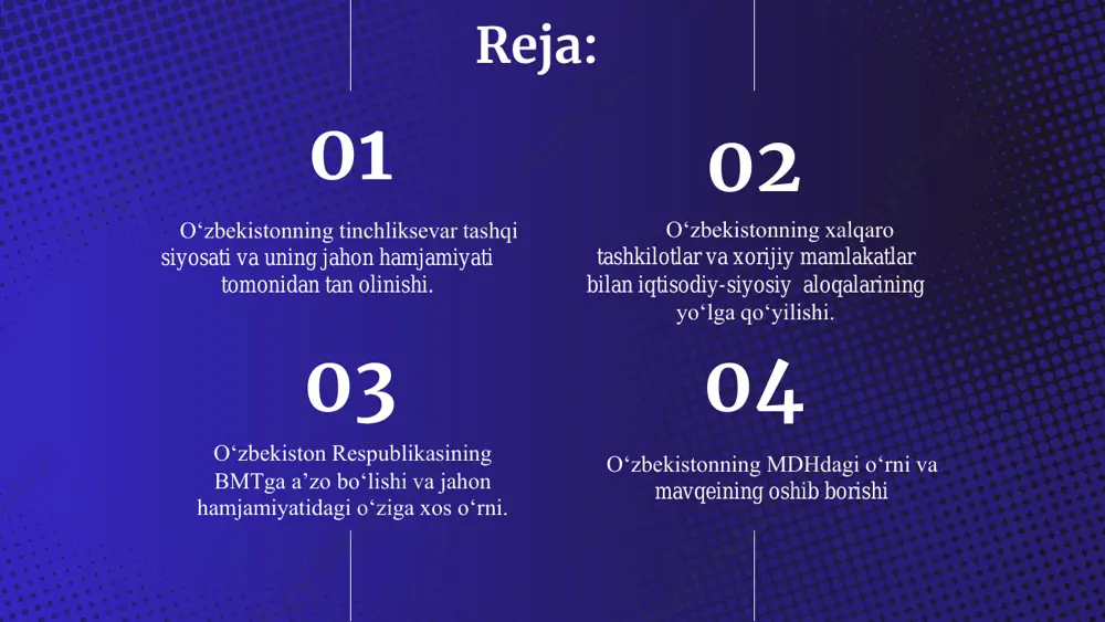 g yo‘lga qo‘yilishi. o‘zbekiston tashqi siyosatining yetakchi yo‘nalishlaridan biri markaziy osiyodagi yangi mustaqil davlatlar - qozog‘iston, qirg‘iziston, tojikiston, turkmaniston bilan do‘stlik, hamkorlik aloqalarini mustahkamlashga qaratilgan. mintaqadagi beshta davlat o‘rtasida o‘xshash jihatlar ko‘p. tariximiz, madaniyatimiz, tilimiz, dinimizning birligi, tomirlarimizning tutashib ketganligi bu mamlakatlar xalqlarini bir-biriga yanada yaqinlashtirishning zaminidir. yangi tarixiy sharoitlarda vujudga kelayotgan ijtimoiy-siyosiy jarayonlar markaziy osiyo mamlakatlari xalqlarining kelib chiqishi, ularning tarixi, o‘ziga xos turmush tarzlari va yaqin qo‘shnichilik munosabatlariga har qachongidan boshqacharoq qarashni hayot taqozo eta boshladi. 1993-yilning yanvarida mamlakatimiz birinchi prezidenti islom karimov tashabbusi bilan markaziy osiyo davlatlari rahbarlarining toshkent uchrashuvi tashkil etildi. oliy darajadagi bu uchrashuvda markaziy osiyo hamdo‘stligiga asos solindi. besh davlat - qirg‘iziston, qozog‘iston, o‘zbekiston, tojikiston, turkmaniston rahbarlari hamdo‘stlik haqidagi bitimga imzo chekishdi. markaziy osiyo davlatlarining aloqalari markaziy osiyo hamdo’stligi uchrashuvlari: ❑ 1993-yil qozog‘iston respublikasining qizil o‘rda shahrida, ❑ 1994-yil nukus shahrida, ❑ 1995-yil turkmaniston davlatining doshhovuz shahrida, ❑ 1995-yil yana nukus shahrida orol dengizi …