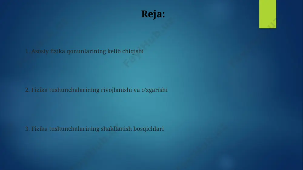 nshteynning nisbiylik nazariyasi, 1905-yilda nashr etilgan, 4 o'lchovli fazo-vaqt tushunchasini o'z ichiga oladi va uning matematik asoslari tenzor hisobi va differentsial geometriyadan foydalanadi, zamonaviy fizika uchun katta ahamiyatga ega. ilmiy inqiloblar va paradigma o'zgarishlari 16-asrda nikolay kopernikning geotsentrik modelni geliosentrik model bilan almashtirishi, yevropa ilm-fanida katta paradigma o'zgarishiga va yangi fizika fanining rivojlanishiga turtki bo'ldi. 20-asr boshlarida kvant mexanikasi va nisbiylik nazariyasining paydo bo'lishi, fizika fanida tubdan yangi tushunchalarni yaratdi va klassik fizikaning chegaralarini kengaytirdi. 17-asrda ishoq nyutonning klassik mexanika qonunlarini yaratish jarayoni butun dunyo ilm-faniga ta'sir ko'rsatdi va 300 yildan ortiq vaqt davomida fizikaning asosiy modeli bo'lib qoldi. tajriba va kuzatishlarning roli 17-asrda galileo galileining pizada o‘tkazgan tajribalari, jismlarning erkin tushish qonunini aniqlashda kuzatishlarning muhim rolini ko‘rsatdi va klassik mexanikaning rivojlanishiga turtki bo‘ldi. 19-asr oxirida maykl faradeyning elektromagnetizm bo‘yicha londonda o‘tkazgan tajribalari va kuzatishlari, elektromagnit maydon tushunchasini shakllantirishga va 4 ta tenglamalar sistemasini yaratishga olib keldi. 20-asr boshlarida ernest …