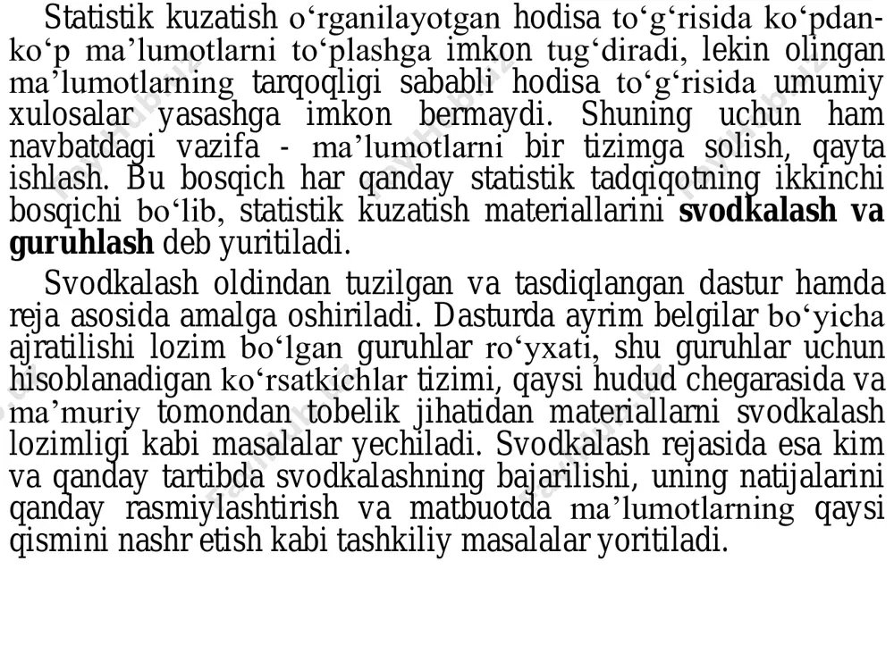 a’lumotlarni dasturda kо‘zda tutilgan belgilar asosida ayrim guruhlarga bо‘lib о‘rganish tushuniladi. jami talabalarni kurslarga va mutaxassisliklarga bо‘lib о‘rganish bunga misol bо‘la oladi. tor ma’noda svodkalash ham huddi oddiy svodkalash kabi umumiy va guruhiy yakunlarini chiqarish bilan cheklanadi. oliy ta`limning asosiy ko`rsatkichlari (1991-2016 yillar) oliy ta`lim muassasalari soni 1991 y. 52 1995 y. 58 2000 y. 61 2005 y. 62 2010 y. 65 2016 y. 70 oliy ta`limning asosiy ko`rsatkichlari (1991-2016 yillar) oliy ta`lim muassasalari soni talabalar soni (ming kishi) professor o`qituvchilar soni (ming kishi) har bir professor o`qituvchiga to`g`ri keladigan o`quvchilar soni 1991 y. 52 340,9 ... ... 1995 y. 58 192,1 19,9 9,6 2000 y. 61 183,6 18,4 10,0 2005 y. 62 278,7 23,1 12,1 2010 y. 65 274,5 23,0 11,9 2016 y. 70 268,3 24,0 11,2 svodkalash tashkil qilinishiga qarab markazlashgan va markazlashmagan svodkalashlarga bо‘linadi. markazlashgan svodkalashda boshlang‘ich ma’lumotlar bir yoki bir necha statistika boshqarmalarida tо‘planadi va о‘sha …
