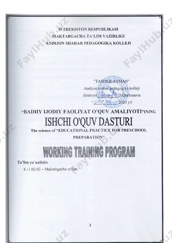siya usullarini; - ijodiy o`yinlar uchun qo`llanmalar tayyorlash usullarini; - rivojlantiruvchi markazlar uchun ko`rgazmalar tayyorlashni -tabiiy, tashlandiq materiallar va turli hom ashyolar bilan ishlash usullarini; - tolali materiallar va gazlamalar bilan ishlash usullarini; - loy va plastilin bilan ishlash usullarini; ko’nikmalar: - qog'oz va karton turlari bilan ishlash usullaridan foydalanib ijodiy ishlar bajarishni; - qog’ozdan buklash yo’li bilan o’yinchoq yasashni; -qog`ozni bo`yash turlari tеxnologiyasidan foydalanib ijodiy ishlar bajarishni; -harakatli o’yinchoqlar va qiziqarli ertak kitobchalar tayyorlashni; - rivojlanish markazlaridagi ta'limiy tarbiyaviy faoliyat va o`yinlar uchun jixozlar tayyorlashni; -tabiiy va tashlandiq materiallardan ijodiy ishlar bajarish. -loy va plastilin bilan ishlash usullarini mustaqil bajarish fanni o’qitishda foydalaniladigan zamonaviy axborot va pedagogik texnologiyalar. fanni o’qitishda zamonaviy axborot texnologiyalarni qo’llashda fanni o’zlashtirish uchun omil bo’ladigan zamonaviy axborot texnologiyalarning ahamiyati va o’rni beqiyosdir. o’quv jarayonini sifatli tashkil etish maqsadida axborot texnologiyalaridan foydalanish o’quvchilarning kasbiy tayyorgarligini oshirish va kasbiy ko’nikmalarini rivojlantirishda ham muhim omil bo’lib hisoblanadi. ta’lim …