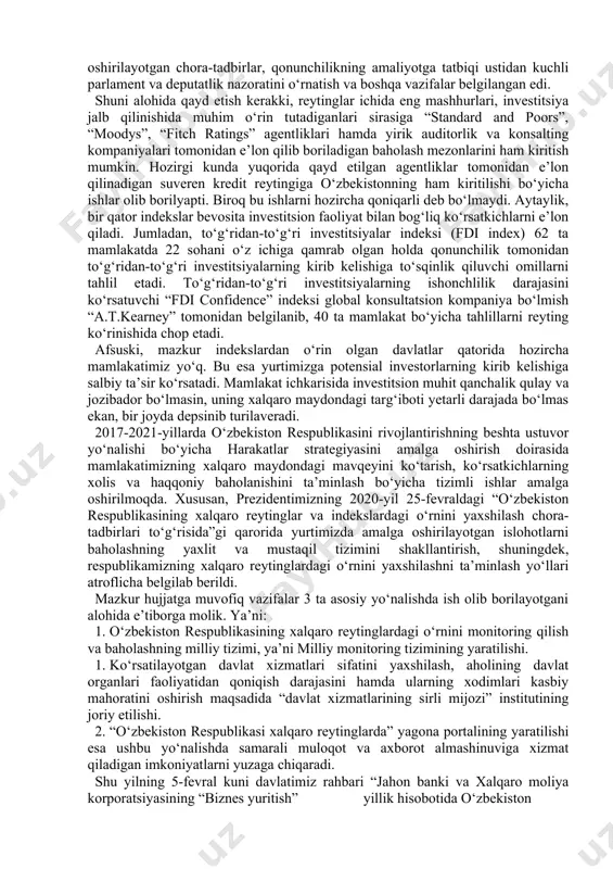 atadi. binobarin, rivojlanib borayotgan va o‘z iqtisodiyotiga sarmoyalarni jalb qilishdan manfaatdor bo‘lgan davlatlar mazkur reytinglarga kirish va o‘z o‘rnini bosqichma-bosqich ko‘tarib borishga alohida e’tibor qaratmoqda. keyingi yillarda sharqiy yevropa hamda mustaqil davlatlar hamdo‘stligiga a’zo ayrim mamlakatlar eng nufuzli xalqaro reytinglarda yuqori darajaga ega bo‘lish bo‘yicha maxsus dasturlar asosida ish olib borayotgani ma’lum. zero, har qanday chet ellik investor muayyan qarorga kelishdan avval o‘zi qiziqayotgan davlatning iqtisodiy holati to‘g‘risidagi ob’yektiv, mustaqil baholami sinchiklab o‘rganib chiqadi. qayd etish kerakki, xalqaro reytinglarni tuzuvchi agentliklar iqtisodiy va moliyaviy ko‘rsatkichlarni baholashda turli usullardan foydalanadi. shu boisdan investorlar o‘z tahlillarida faqatgina bitta reyting agentligining ma’lumotlariga tayanib qolmasdan, bir qancha reyting ko‘rsatkichlarini kompleks tahlil qilishga harakat qiladilar. ma’lumotlarga ko‘ra, hozir jahonda 160 dan ortiq xalqaro reyting mavjud, ulardan 50 taga yaqini ta’sir darajasi yuqori mezonlar sirasiga kiradi. global raqobatbardoshlilik indeksi, biznesni yuritish yengilligi indeksi, iqtisodiy erkinlik indeksi, sanoat raqobatbardoshliligi indeksi, global innovatsion indeks, inson salohiyati rivojlanishi indeksi, …