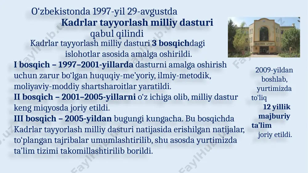 yilidan boshlab alohida iqtidor talab etiladigan madaniyat, san’at, dizayn, tasviriy va amaliy san’at, musiqiy ta’lim, san’atshunoslik, sport va jismoniy tarbiya sohasidagi ta’lim yo‘nalishlarida test sinovlari bo‘lmaydi. o‘zbekiston davlat konservatoriyasi, o‘zbekiston davlat san’at va madaniyat instituti, kamoliddin behzod nomidagi milliy rassomlik va dizayn instituti, o‘zbekiston davlat jismoniy tarbiya instituti alohida iqtidor talab etadigan ta’lim yo‘nalishlariga faqat ijodiy imtihonlar orqali qabul qilish yo‘lga qo‘yiladi. 2018/2019 o‘quv yilidan boshlab, test jarayonini bir kunda emas, 15 kun davomida o‘tkazish, natijasini esa imtihonning ertasiga e’lon qilish vazifalari qo‘yilgan. tibbiyotga oid oliy ta’lim tizimida ham bir qator islohotlar amalga oshirildi. jumladan, tibbiyot sohasida bakalavriat ta’lim yo‘nalishlarida o‘qish muddati 7 yildan 6 yil va tibbiy profi laktika yo‘nalishida 6 yildan 5 yil etib belgilandi. oliy ta’limdan keyingi ta’lim. 2012-yilga qadar aspirantura (3 yil) va doktarantura (3-yil)dan iborat bo‘lib, 2012–2017-yillarda bir bosqichli doktarantura faoliyat olib bordi. 2013–2017-yillar oralig‘ida faqat 360 ga yaqin tadqiqotchi doktorlik dissertatsiyasini himoya qilgan. 2017-yilning …