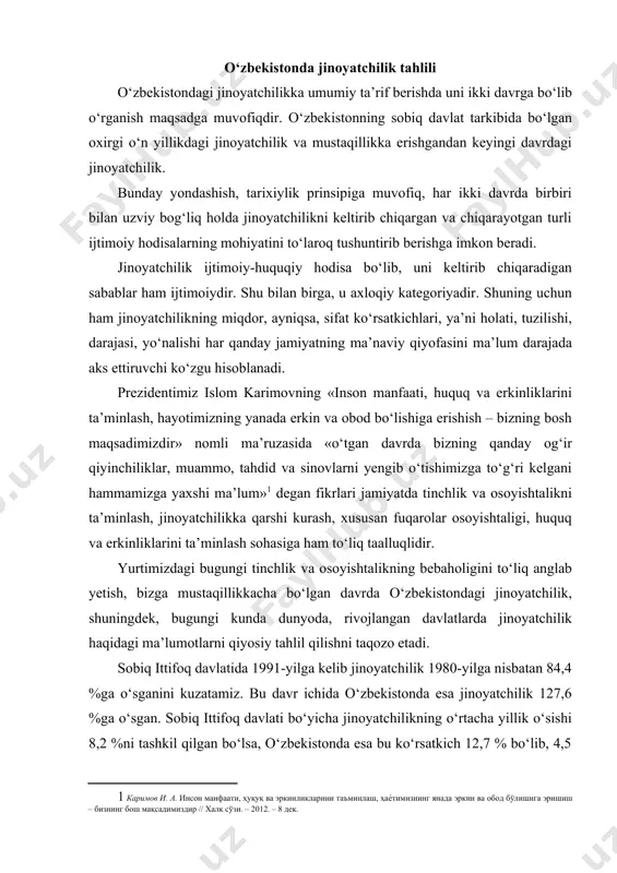kelib jinoyatchilik 1980-yilga nisbatan 84,4 %ga o‘sganini kuzatamiz. bu davr ichida o‘zbekistonda esa jinoyatchilik 127,6 %ga o‘sgan. sobiq ittifoq davlati bo‘yicha jinoyatchilikning o‘rtacha yillik o‘sishi 8,2 %ni tashkil qilgan bo‘lsa, o‘zbekistonda esa bu ko‘rsatkich 12,7 % bo‘lib, 4,5 %ga yuqori bo‘lgan. o‘zbekiston sobiq ittifoqdosh respublikalar ichida 1980-yildan 1991-yilgacha bo‘lgan davrda jinoyatchilikning o‘sish darajasi bo‘yicha moldovadan (164%) keyin ikkinchi o‘rinda turgan. 1980-yilda jinoyatchilik koeffitsiyenti sobiq ittifoq davlatida 749 ta jinoyatni (14 yoshdan yuqori bo‘lgan 100 ming aholiga) tashkil qilgan bo‘lsa, o‘zbekistonda bu ko‘rsatkich 395 ga teng bo‘lgan. 1990-yilga kelib sobiq ittifoq davlati bo‘yicha jinoyatchilik koeffitsiyenti 1980-yilga nisbatan 70,5% ga o‘sib, 1277 taga yetgan bo‘lsa, o‘zbekistonda esa 79,7% ga o‘sib, 710 tani tashkil qilgan . shuni qayd qilib o‘tish lozimki, 1980-yilda jinoyatchilik darajasining pastligi bo‘yicha o‘zbekiston sobiq davlatga kiruvchi respublikalar o‘rtasida armaniston (343) va ozarbayjon (364) respublikalaridan keyin uchinchi o‘rinda turgan bo‘lsa, 1990-yilga kelib esa ozarbayjon, armaniston, gruziya va tojikiston respublikalaridan keyin …