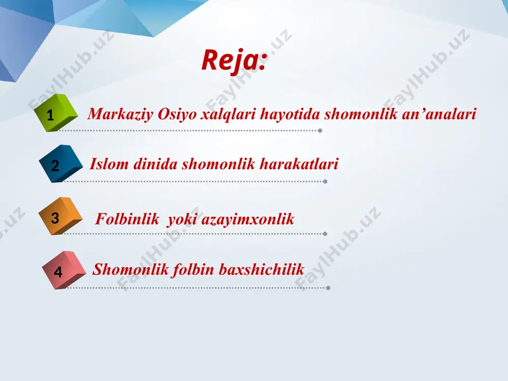 ga ruhlarning joylashishi to‘g‘risidagi tasavvurdir. bunda shomon ko‘pincha o‘z harakatlarida animistik obraz yoki shu obrazlarni eslatuvchi predmetlarni qo‘llaydi. ruhlarni chaqirish shomonlik harakatlarini ta’sirchan jamoaga yo‘naltirib, ulardan o‘z manfaatlari yo‘lida foydalanishni taqozo etadi. odamlar shomonning o‘ziga xos trans holatini ko‘rganlarida uni o‘zi chaqirgan ruhlar egallab oldi, deb o‘ylaydilar. folbinlik yoki azayimxonlik vazifalarini ado etish uchun kishilardan maxsus qobiliyatga ega bo‘lishlari zarur hisoblangan. ushbu iqtidor ko‘pincha tug‘ma bo‘lmasdan, ma’lum jiddiy tayyorgarlik natijasidagina egallangan. buning uchun tanlangan nomzod qirq kun davomida o‘z xonadonida tashqi dunyodan ajralgan holda chillada o‘tiradi. bu davr shomonlikning «chilla davri» hisoblanadi. umuman, xalq tasavvurida insonlarni ins-jinslar ta’siridan eson-omon asrash ularning chilla davri (chilla - forscha «chixil» - qirq degan ma’noni bildiradi) tartib qoidalarga qanchalik rioya qilishlariga bog‘liq bo‘lgan. chilla inson hayotidagi xatarli, eng og‘ir va eng mas’uliyatli davrni anglatuvchi atama hisoblanadi. inson hayotining uch davri bilan bog‘liq holda chilla davri urf-odatlaridan, kishilar uchun muhim ahamiyatga ega bo‘lgan. avvalo shuni …