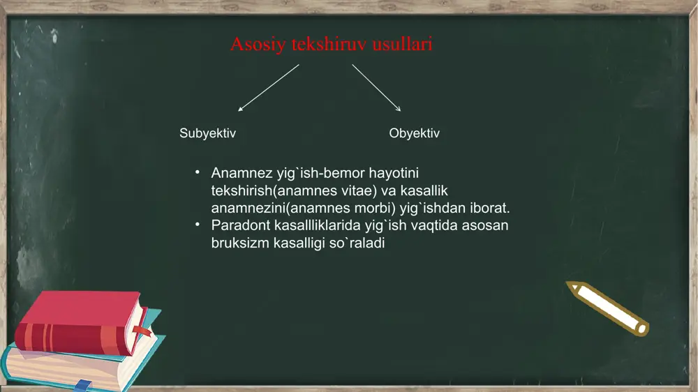 i. shuningdek zond quyidagi vazifalarni bajarishga yordam beradi: 1)milk holatini baholashda; 2)milk qonash darajasini baholashda; 3)furkatsiya holatini aniqlashda; 4)tishning qimirlash darajasini aniqlashda bakteriologik usul bu usul yordamida milk cho`ntaklari mikroflorasini shuningdek sitologik o`zgarishlar va davolash jarayonida yasinovskiy usulida leykositlar migatsiyasini o`rganish mumkin. og`iz shilliq qavat orqali neytrofill leykotsitlar migratsiyasi fagotsitoz jarayonida ishtirok etishidan dalolat beradi. sitologik tekshirishda bosma-surtma chun materialni rezina chiziqlar yordamida olinadi. umumiy ko'rish uchun romanovskiy-gimza usuli bo'yicha bo'yaladi, nuklein kislota, glikogenni aniqlash uchun esa maxsus usullar yordamida bo'yaladi, masalan brashe va mak-manus bo'yicha. preparatlar immersion tizimli mikroskop ostida ko 'riladi. sitomorfologik va sitokimyoviy baxolash uchun xujayra elementlari (neytrofil leykocitlar, epitelial xujayralarni) soni va sifat tarkibidan, xujayralarda glikogen va nuklein kislotani tarqalishini o'rganishdan foydalaniladi. parodont to'qimalarini jaroxatlanishlarini tarqalganligi va faolligini o'rganishda r. russel (1956) ishlab chiqargan parodontal indeks (pi) keng qo'llaniladi. har bir tishdagi parodont xolati 0 dan 8gacha bo'lgan shkala bo'yicha aniqlanadi, bunda milkning yallig'lanish darajasi, tishni …