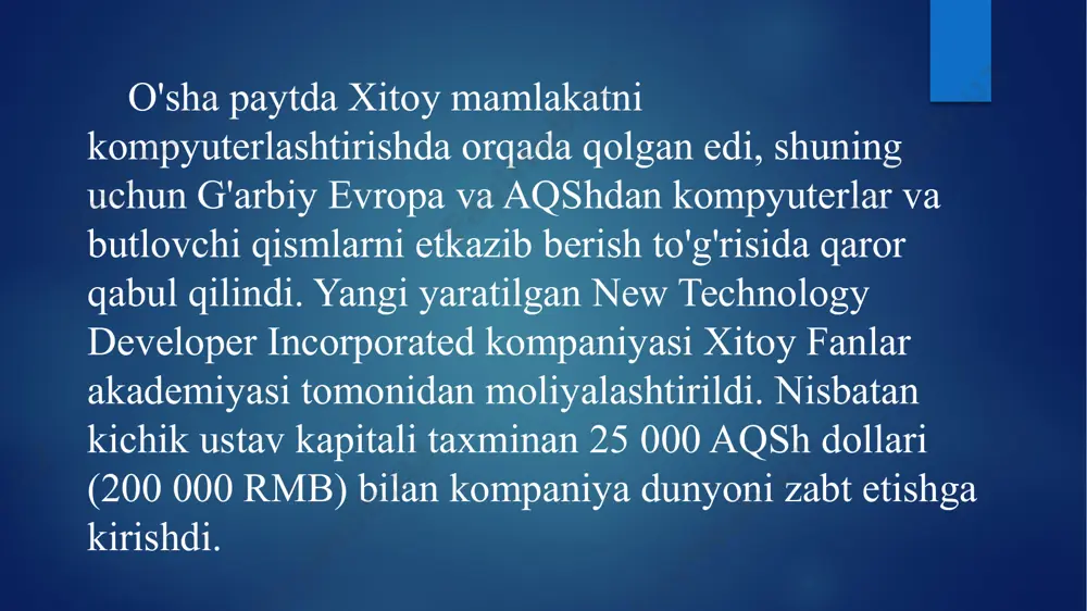 lari ko'proq narsani xohlashdi. kompaniya dunyoni zabt etishga, boshqa bozorlarga chiqishga harakat qildi. shuni ta'kidlash kerakki, bu qadam ehtiyotkorlik bilan tayyorlangan. avvalo, legend holdingsni ikki bo'limga bo'lish to'g'risida qaror qabul qilindi: birinchisi shaxsiy kompyuterlarni ishlab chiqarish va import qilishni davom ettirdi, ikkinchisi digital china printerlar bilan shug'ullandi. ushbu bo'linish kompaniyaga yanada mobil va samaraliroq bo'lishga imkon berdi. 2003 yil boshida xitoyliklar tez orada jahon bozoriga chiqishi haqida xabarlar tez-tez paydo bo'la boshladi. bu shunday bo'ldi, lekin birinchi legend holdings rebrendingdan o'tdi. endi u qo'ng'iroq qila boshladi lenovo. yangi kompaniya nomining o'zi ikki so'zdan hosil bo'lgan: le- prefiksi avvalgi nomdan qolgan, bundan tashqari, u xitoy tilida "baxt" degan ma'noni anglatadi va "novo" ikkinchi qismi lotin tilidan kelib chiqqan bo'lib, yangilik degan ma'noni anglatadi. ya'ni, agar siz so'zni so'zma-so'z tarjima qilsangiz lenovo, keyin biz "yangi baxt" olamiz. kompaniyaning global bozorni zabt etish bo'yicha ulkan rejalarini hisobga olgan holda juda ramziy nom. nomni …