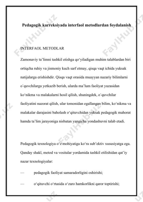 oyalarni to‘plash, shuningdek, ijodiy vazifalarni hal etish jarayonining dastlabki bosqichida paydo bo‘lgan fikrlarni yengishga o‘rganish uchun xizmat qiladi. “fikriy hujum” metodining asosiy tamoyili va sharti mashg‘ulotning har bir ishtirokchisi tomonidan o‘rtaga tashlanayotgan fikrga nisbatan tanqidni mutlaqo ta’qiqlash, har qanday luqma va hazil-mutoyibalarni rag‘batlantirishdan iboratdir. bundan ko‘zlangan maqsad o‘quvchilarning mashg‘ulot jarayonidagi erkin ishtirokini ta’minlashdir. ta’lim jarayonida ushbu metoddan foydalanish o‘qituvchining pedagogik mahorati va tafakkur ko‘lamining kengligiga bog‘liq bo‘ladi. “fikriy hujum” metodidan foydalanish chog‘ida o‘quvchilarning soni 10-15 nafardan oshmasligi maqsadga muvofiqdir. “yalpiy fikriy hujum” metodi metod o‘quvchilar tomonidan yangi g‘oyalarning o‘rtaga tashlanishi uchun sharoit yaratib berishga xizmat qiladi. har bir 5 yoki 6 nafar o‘quvchilarni o‘z ichiga olgan guruhlarga 15 daqiqa ichida ijobiy hal etilishi lozim bo‘lgan turli xil topshiriq yoki ijodiy vazifalar belgilangan vaqt ichida ijobiy hal etilgach, bu haqida guruh a’zolaridan biri axdorot beradi. guruh tomonidan berilgan axborot (topshiriq yoki ijodiy vazifaning yechimi) o‘qituvchi va boshqa guruhlar a’zolari tomonidan muhokama …