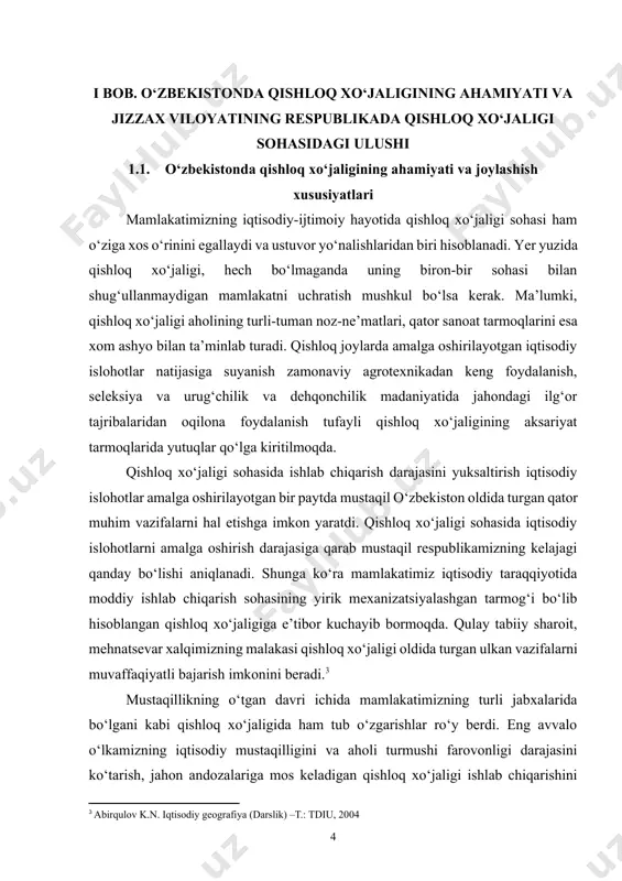 faoliyat ko‘rsatishi lozim bo‘lgan jamoalar qayta tashkil etildi. ular o‘rniga bozor munosabatlariga mos keladigan shirkat xo‘jaliklari, fermer xo‘jaligi va dehqon xo‘jaligi tizimi tarkib topdi. ishlab chiqarishni tashkil qilishning aynan shu ko‘rinishi respublika qishloq xo‘jaligining asosiga aylandi. 2006- yil ma’lumotlariga qaraganda qishloq xo‘jaligiga (o‘rmon xo‘jaligi qo‘shib hisoblanganda ) ish bilan band bo‘lgan barcha aholining 33,6 foizi to‘g‘ri keladi. ziroatchilikning muhim tarmoqlarini joylashishi va rivojlanishi. o‘ziga xos tabiiy sharoitga ega bolgan o‘zbekistonda qishloq xo‘jaligi va uning yetakchi tarmogi bo‘lgan paxtachilikda asosan suniy sug‘orishdan keng foydalaniladi. biroq shuni ham aytish kerakki, sug‘oriladigan yerlarning salmog‘i uncha katta emas – barcha dehqonchilik yerlarning 15 foizini tashkil etadi, xolos. boshqacha qilib aytganda, sug‘oriladigan bunday yerlar 4,2 million gektarni tashkil etadi. dehqonchilik qilinadigan yerlarning ko‘pchilik qismini saxro va chala saxrolar egallagan. qishloq xo‘jaligi ekinlari maydoni ekin maydonlari 1990 1995 2000 2001 2004 2007 barcha ekin maydonlari 4194.2 4165.0 3778.3 3444.5 3695.7 3560,3 g‘alla ekin maydonlari 1008.1 1656.5 …