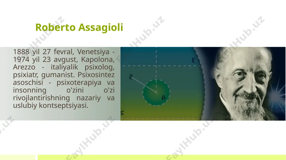 shlarning sabablari orasida, shubhasiz, olimning teosofiyaga yaqinligini ta'kidlash joiz. bu olimning hayotidagi haqiqiy oilaviy va biografik omillar (uning onasi va rafiqasi o'sha paytdagi teosofiya jamiyatining a'zolari bo'lgan) va italiyalik psixoterapevt bilan uchrashgan boshqa odamlarning haqiqiy guvohliklari bilan bog'liq. shu bilan birga, assagioli ezoterik sifatida qabul qilishni xohlamadi va o'zini olim sifatida ko'rsatishni xohladi. ilmiy ishda sharq izlanishlari teosofiya (qadimgi yunoncha: teosofi a — «ilohiy hikmat») — inson qalbining xudo bilan birligi haqidagi sinkretik diniy-tasavvuf taʼlimoti. 6 olimning yashash xonasida teosofik harakatning asoschisi e. p. blavatskiyning portreti devorni bezatgan bo'lib, u o'zi quyidagicha izoh bergan: "bu mening dinim va men tirik ekanman, bu haqda sukut saqlamoqchiman." h. p. blavatskiy 7 1938 yilda asaggioli o'zining milliyligi va insonparvarlik ishlari uchun benito mussolinining fashistik hukumati tomonidan hibsga olingan. ikkinchi jahon urushi paytida olim hibsga olinmaslikdan qochib, er ostiga kirishga va doimiy ravishda kezishga majbur bo'ldi. sinovlar va ta'qiblar assagioli qamoqda o'tkazgan vaqtini ruhiy …