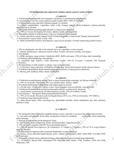 o'zbekistonning eng yangi tarixi fanidan yakuniy nazorat variant savollari — DOC