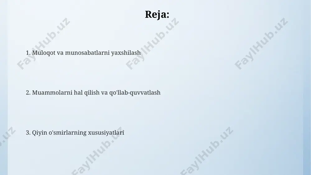 sa toshkent shahri aholisi orasida yuqoriroq. oilaviy muhitning ta'siri oilaviy daromadning pastligi (oyiga 500.000 so'mdan kam) va ota-onalarning ishsizligi toshkent shahrida o'tkazilgan tadqiqotlar natijalariga ko'ra, o'smirlarning huquqbuzarliklarga aralashish ehtimolini 2 marta oshiradi. oiladagi zo'ravonlik, masalan, jismoniy yoki psixologik zo'ravonlik, 10-19 yoshli o'smirlarda 30% ga yaqin ruhiy salomatlik muammolariga, jumladan, depressiya va tajovuzkorlikka olib kelishi mumkinligini amerika psixologlar assotsiatsiyasi ma'lumotlari ko'rsatadi. samarqand viloyatida o'tkazilgan tadqiqotlar shuni ko'rsatdiki, farzandlar bilan kam aloqa qiluvchi oilalardagi o'smirlarning 65% dan ortig'i o'qishdagi muvaffaqiyatsizlik va tengdoshlari bilan moslashishdagi qiyinchiliklarni boshdan kechirishadi. tengdoshlar bilan munosabatlar o'smirlarning 70%i tengdoshlari bilan munosabatlarda qiyinchiliklarga duch keladi, ayniqsa, toshkent kabi yirik shaharlarda bu ko'rsatkich yuqoriroq. sotsiologik tadqiqotlar shuni ko'rsatadiki, samarqand viloyatida o'smirlarning 35%i tengdoshlari bilan muloqotda ijtimoiy tarmoqlardan ortiqcha foydalanish natijasida salbiy ta'sirga duch kelishadi. 13-15 yoshdagi o'smirlarning o'z tengdoshlari orasida mavqeini mustahkamlashga bo'lgan ehtiyoji, agressiv xulq-atvor va 20% hollarda do'stlikdagi xiyonatga olib keladi. jinsiy etuklik davri erkaklarda jinsiy etuklik davri, …