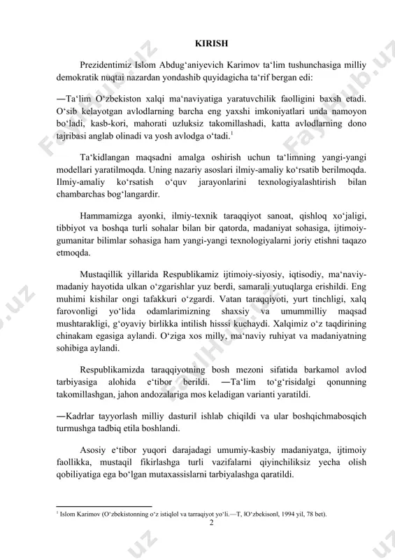 iga aylandi. o‘ziga xos milly, ma‘naviy ruhiyat va madaniyatning sohibiga aylandi. respublikamizda taraqqiyotning bosh mezoni sifatida barkamol avlod tarbiyasiga alohida e‘tibor berildi. ―ta‘lim to‘g‘risida‖gi qonunning takomillashgan, jahon andozalariga mos keladigan varianti yaratildi. ―kadrlar tayyorlash milliy dasturi‖ ishlab chiqildi va ular boshqichmabosqich turmushga tadbiq etila boshlandi. asosiy e‘tibor yuqori darajadagi umumiy-kasbiy madaniyatga, ijtimoiy faollikka, mustaqil fikirlashga turli vazifalarni qiyinchiliksiz yecha olish qobiliyatiga ega bo‘lgan mutaxassislarni tarbiyalashga qaratildi. ―kadrlar tayyorlash milly dasturi‖ni amalgam oshirishning aniq vazifalaridan biri – ta‘lim muassasalarining moddiy-texnik va axborot bazasini mustahkamlashni davom ettirish, o‘quv-tarbiya jarayonini yuqori sifatli o‘quv adabiyotlari va ilg‘or pedagogik texnologiyalar bilan ta‘minlash qat‘iy rejalashtirildi. shu munosabat bilan universitetlar, institutlar, yangi tipdagi ta‘limtarbiya muassasalari – kollej, litseylarda tahsil olayotgan bo‘lajak mutaxassislarni ilg‘or pedagogik texnologiyalar va ularning nazariy, amaliy asoslari bilan tanishtirish ehtiyoji mavjud bo‘lgan hozirgi kunda o‘zbek tilidagi darslik, qo‘llanma va uslubiy ishlanmalar yaratildi. dastur kadrlar tayyorlash milliy modelini ruyobga chiqarishni har tomonlama kamol topgan, jamiyatda …