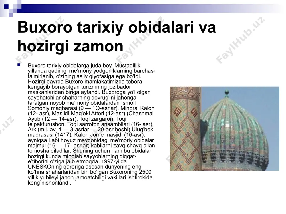 roy ochayotir. yaqinda barpo etilgan “buxoro madaniy markazi” majmui bu yerda amalga oshirilayotgan bunyodkorlik ishlarida alohida o‘rin tutadi. 107 gektardan iborat mazkur majmuada yirik inshootlar – 700 o‘rinli viloyat musiqali drama teatri, ikki ming tomoshabinga mo‘ljallangan amfiteatr, “ko‘hna va boqiy buxoro” monumenti qad rostladi. mazkur ob’ektlar buxoroning o‘ziga xos me’morchilik an’analari va zamonaviy arxitektura andozalari uyg‘unligida barpo etildi. qutlug‘ buxoro zamini qutlug‘ buxoro zaminidan abu ali ibn sino, narshaxiy, imom buxoriy, abdulxoliq g‘ijduvoniy, bahouddin naqshband, xo‘ja orif revgariy kabi buyuk mutafakkirlar, ko‘plab adabiyot va san’at namoyandalari yetishib chiqqan. ularning nomlari obidada zarhal harflar bilan naqshlangan. bu yerda ilm o‘rganish har bir musulmon erkak va ayol uchun farz ekanini, dil allohda, qo‘l mehnatda bo‘lishi lozimligi o‘zbek, arab va ingliz tillarida zikr etilgan. – tarixdan ma’lumki, qadimda buxorodan oltin konlari topilgan. bugungi kunda ham buxoro tillasi asl tilla hisoblanadi, – dedi islom karimov. – lekin buxoroni sharif shaharga aylantirgan uning fidoyi, mehnatkash …