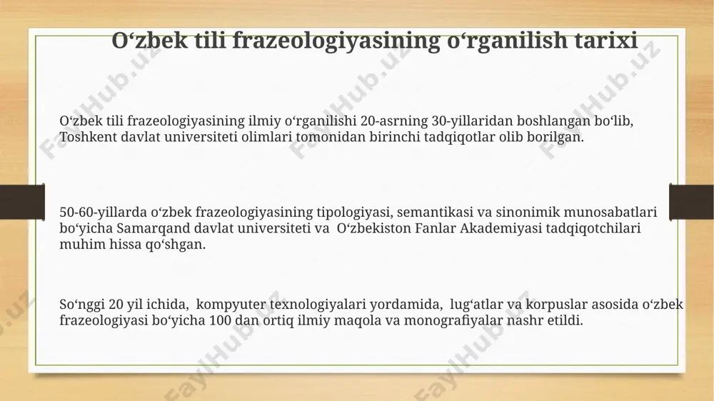 3 turi mavjud: ot kesimli (masalan, "tosh bo'lib qolish" – 2 so'zdan iborat), fe'l kesimli (masalan, "ko'zdan qochirish" – samarqand viloyatida keng qo'llaniladi), va qo'shimcha so'zlar bilan murakkablashgan (masalan, "yetti o'lchab, bir kesish" – 7 ta son ishtirok etadi) ba'zi frazeologik birliklar geografik jihatdan cheklangan: masalan, "qor yog'ishi" iborasi butun o'zbekiston hududida ishlatilsa, "qora yer" iborasi xorazm viloyatida ko'proq tarqalgan bo'lib, ma'noviy farqlarni aks ettiradi. e'tiboringiz uchun rahmat @taqdimot_robot image3.png image4.png