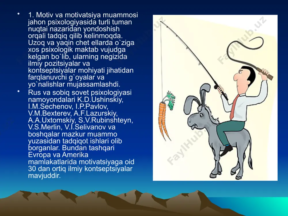 noda?» kabi savollarning mativatsiyaga bog`liqligidir. motivatsiya inson xulq atvori, uning bog`lanishi, yo`nalishi va faolligini tushuntirib beruvchi psixologik sabablar majmuini bildiradi. psixologiyada motivlashtirish deganda psixologik hodisalarning o`zaro mustaqil bog`langan, lekin bir-biriga to`la mos kelmaydigan nisbatan mustaqil uchta turi tushuniladi; a) individning ehtiyojlarini qondirish bilan bog`liq bo`lgan faoliyatga undovchi sabablar sifatidagi motivlashtirishdir. faollik holatini paydo bo`lishini sub’ektiv ehtiyojlarini izohlab beradi. b) motivlashtirish faollik kimga qaratilgani boshqa xulq-atvor emas, balki xuddi shunaqasi tanlaganligini izohlab beradi. motivlar xulq-atvor yo`nalishini tanlashni belgilaydigan sabablardir. bular birgalikda kishi shaxsining yo`nalishini tashkil etadi. v) kishi axloqi va faoliyatini boshqaradigan vosita hisoblanadi. bularga emotsiyalar, istaklar, qiziqishlar kiradi. ustanovkalar - yo`nalish, yo`naltirish ma’nosini anglatib, kishining tevarak atrofdagi odamlarga yoki ob’ektga nisbatan qanday munosabatda bo`lishlarini, ularni idrok qilinishi, sezish, ularga baho berish va qandaydir harakat qilishga tayyorgarligini anglatadigan holatdir. yo`naltirilgan faoliyat sub’ektning ma’lum vaziyatda faol yo`l topib keta oladigan harakatlari majmuidir. yo`nalish – tug`ilgan yo`l, maqsad sari shaxsning xatti-harakati va faoliyatini …