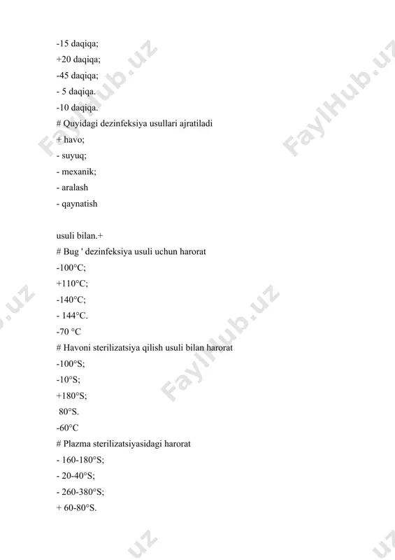 m 4 atm. tezlik. = 10 gr. s-60 daqiqa # havo sterilizatsiyasining asosiy rejimi: -120 gr. s-40 daqiqa -180 gr. s-60 daqiqa +180 gr. -180 daqiqa bilan -100 gr. s-60 daqiqa -80 gr. s-60 daqiqa # kimyoviy sterilizatsiya vaqti mi 6% vodorod peroksid eritmasi bilan: - t-20 gr. s-40 daqiqa +- t-18 gr. s-360 daqiqa - t-50 gr.s-60 daqiqa - t-30 gr.s-40 daqiqa - t - 40 gr.s-30 daqiqa # sterilizatsiya oldidan ishlov berish sifatini tekshirish: + azopiram - nikotinamid - benzoy - xlorli - oltingugurt # qo'llarni gigienik davolash ko'rsatilgan: - qo'lqoplarni olib tashlashdan oldin va keyin - biosuyuqliklar bilan aloqa qilgandan keyin - invaziv protseduralardan oldin + barcha javoblar to'g'ri - bemorlarni qabul qilgandan keyin # bemorni bo'shatgandan keyin to'shak, adyol, yostiqni dezinfektsiya qilish: - chayqash, nafas olish - shamollatish + dezinfektsiya kamerasida zararsizlantirish - barcha javoblar to'g'ri - qaynatish # steril materialning yopiq biksda saqlash muddati: -2 …