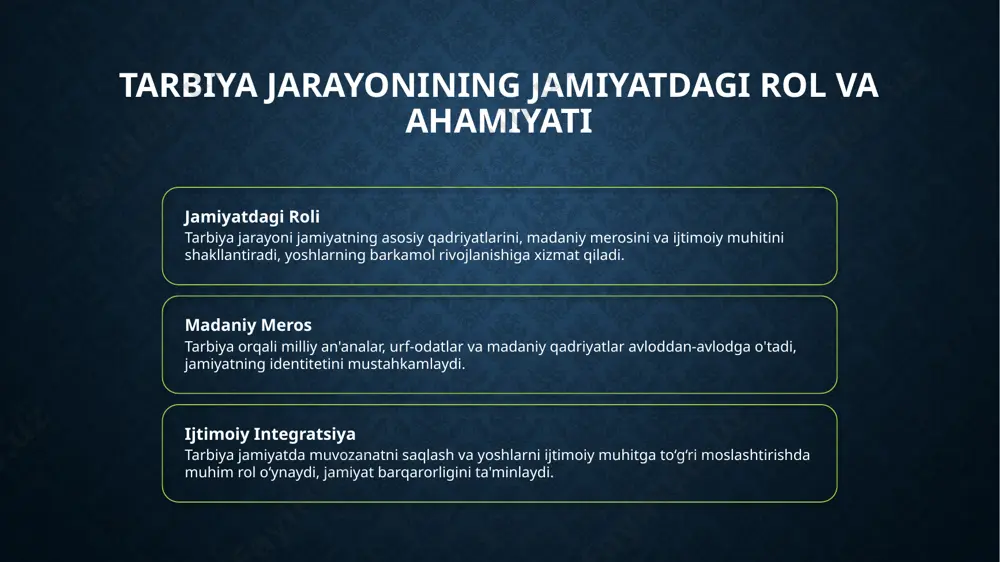 ayadi. 03 natijalarga ta'siri innovatsiyalar va texnologiyalar ta'lim sifatini oshiradi, o‘quvchilarning bilim darajasini kengaytiradi va zamonaviy jamiyatda muvaffaqiyatga erishishlariga yordam beradi. zamonaviy texnologiyalar yordamida tarbiya jarayonini optimallashtirish metodlari. 1 innovatsion texnologiyalar zamonaviy texnologiyalar tarbiya jarayonini samarali qilish uchun yangi metodlar va vositalarni taqdim etadi, o‘qitish jarayonini interaktiv va qiziqarli qiladi. 2 onlayn platformalar onlayn ta’lim platformalari yordamida o‘quvchilar va o‘qituvchilar o‘rtasida real vaqtda muloqot o‘rnatiladi, ta’lim jarayoni kengroq va qulay bo‘ladi. 3 mobil ilovalar mobil ilovalar yordamida o‘quvchilarning individual ehtiyojlariga moslashtirilgan mavzularni o‘rganish, bilimlarni mustahkamlash imkoniyati yaratiladi. 4 sun’iy intellekt sun’iy intellekt texnologiyalari yordamida shaxsiylashtirilgan o‘quv rejalarini ishlab chiqish va baholash jarayonlarini avtomatlashtirish mumkin. tarbiya jarayonida pedagogik texnologiyalarni qo‘llashning ilmiy-asosiy tamoyillari. ilmiy asoslar pedagogik texnologiyalarni qo‘llashda ilmiy asoslar muhim bo‘lib, ularning samaradorligini baholash va rivojlantirish uchun ilmiy metodologiyalar asosida ishlash talab etiladi. pedagogik tamoyillar effektiv texnologik yondashuvlar pedagogik tamoyillarga asoslanadi, masalan, individual yondashuv, aktiv ishtirok va amaliyotga integratsiya qilish. ilmiy …