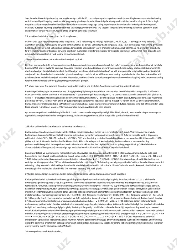 lar, jarrohlikda qo’llaniladigan choklovchi materiallar, sun’iy a’zolar, proteslar, plastmassadan tayyorlangan jag’lar, tishlar, bo’g’inlar, qon tomirlari, yurakning qopqoqchalari va turli tuman protez vositalar hozirgi vaqtda hech kimni hayrata qoldirmaydi. табиий полимерлар классификацияси табиий полимерлар табиатда таркалишига караб, икки гурухга булинади: 1. усимликлар таркибига кирувчи 2. тирик организмда учрайдиган полимерлар биринчи гурух полимерларга асосан целлюлоза, крахмал, клетчатка, алгинатлар ва бошкалар киради. иккинчи гурух полимерларга эса оксидлар, фиброин, кератин, коллоген, гликоген ва шунга ухшаш тирик организмдаги юкори молекулали бирикмалар киради. коллоген ва кератин куй, эчки, туя, от, мол ва бошка хайвонлардан олинса, фиброин ипак куртидан олинади. булардан олинган табиий полимерлар халк хужалигининг турли сохаларида кулланилиб келинмокда. юкорида айтиб утилган полимерларнинг асосини асосан полисахаридлар ва аминокислоталар ташкил этади. 1.2. полисахаридлар полисахаридлар (полиозлар) табиий юкори молекуляр моддалар булиб, табиатда жуда куп таркалган, хамда инсон ва хайвон хаётида мухим роль уйнайди kimyogаrlаr lаbоrаtоriya vа zаvоdlаrdа tаbiаtdаgi mаvjud mоddаlаrni qаytа ishlаsh yo’li bilаn yangi-yangi mоddаlаr hоsil qilmоqdаlаrki, …