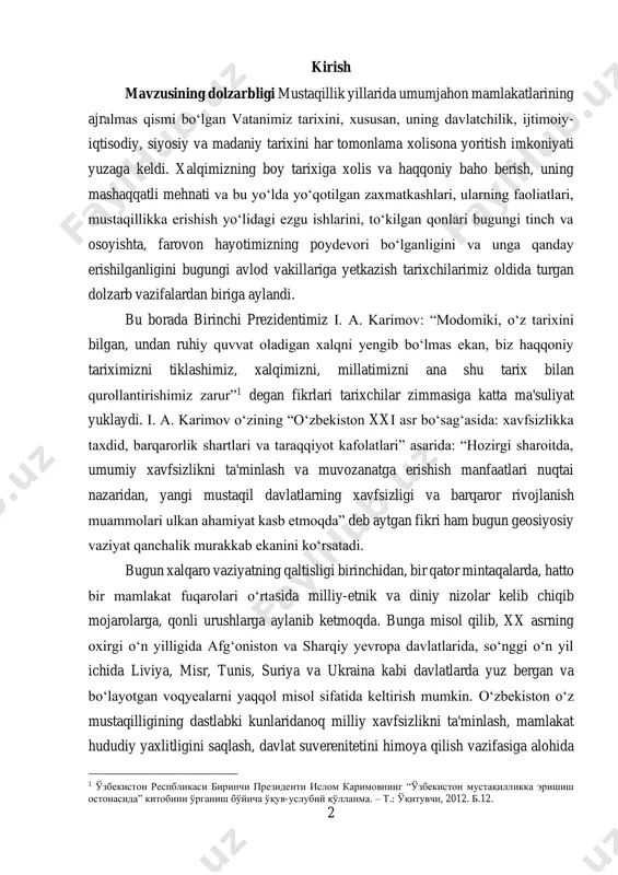 tai nazaridan, yangi mustaqil davlatlarning xavfsizligi va barqaror rivojlanish muammolari ulkan ahamiyat kasb etmoqda” deb aytgan fikri ham bugun geosiyosiy vaziyat qanchalik murakkab ekanini ko‘rsatadi. bugun xalqaro vaziyatning qaltisligi birinchidan, bir qator mintaqalarda, hatto bir mamlakat fuqarolari o‘rtasida milliy-etnik va diniy nizolar kelib chiqib mojarolarga, qonli urushlarga aylanib ketmoqda. bunga misol qilib, xx asrning oxirgi o‘n yilligida afg‘oniston va sharqiy yevropa davlatlarida, so‘nggi o‘n yil ichida liviya, misr, tunis, suriya va ukraina kabi davlatlarda yuz bergan va bo‘layotgan voqyealarni yaqqol misol sifatida keltirish mumkin. o‘zbekiston o‘z mustaqilligining dastlabki kunlaridanoq milliy xavfsizlikni ta'minlash, mamlakat hududiy yaxlitligini saqlash, davlat suverenitetini himoya qilish vazifasiga alohida 1 ўзбекистон респбликаси биринчи президенти ислом каримовнинг “ўзбекистон мустақилликка эришиш остонасида” китобини ўрганиш бўйича ўқув-услубий қўлланма. – т.: ўқитувчи, 2012. б.12. 3 e'tibor qaratdi. milliy xavfsizlikni ta'minlash, davlat suverenitetini himoya qilish mudofaa qobiliyatining mustahkamligiga bog‘liq. buni bugun nechog‘lik muhim ekanligini xalqaro vaziyat ko‘rsatib turibdi. shu jumladan, o‘zbekiston o‘z …