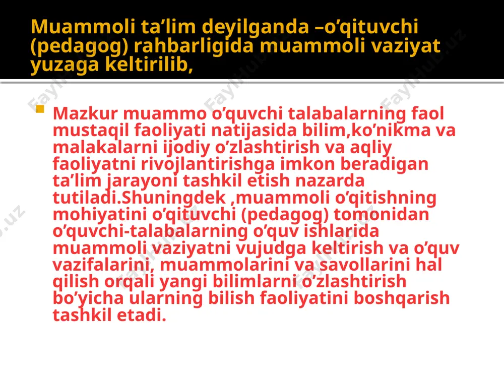 tanlangan usulni amalga oshirishi o’rtasida qarama-qarshiliklar vujudga keladi amalda bajargan topsho’quvchi-talabalar iriq natijalari bilan o’zlarining nazariy jihatdan tushunib yetishlari o’rtasida bilimlarining yetishmasligi ham muammoli vaziyatlar talim jarayonida muammoli vaziyatlar bir necha turga bo’linadi o’quvchi-talabalar o’z oldilariga turgan masalaning yechimini topa olmaydi,muammoli savol yuzaga kelganda unga o’z vaqtida javob bera olmaydi,ya’ni mavzuni tushunishda ancha qiyinchiliklarga duch keladi muammoli ta’limotdan foydalanishdan maqsad talim jarayonini takomillashtirib , uni bir pog’ona yuqoriga ko’tarishdir.bunda eng avvalo o’qituvchi materialni shunchaki bayon qilmasligi va o’quvchilarga tayyor xulosalar hamda umumlashmalar ni aytib bermaslik kerak .balki ularning fikrini o’rganilayotgan obektga jalb etishi shart.demak,o’zining tarbiyalanuvchilariga olgan bilimlarini kuzatilgan hayotiy faktlar va voqealar bilan qiyoslashi shu asosda to’g’ri xulosalar va umumlashmalar chiqarishni o’rgatishi lozim m .skatkin muammoli ta’limning quyidagi 3 ta asosiy ifodalanadi 1.bilimlarni muammoli bayon qilish.bunday bayon qilishda o’qituvchi o’quvchilarga u yoki bu qoidalarni faqat gapirib bermaydi , balki og’zaki fikr yuritib , muammoni ham aytadi va uni hal qilish …