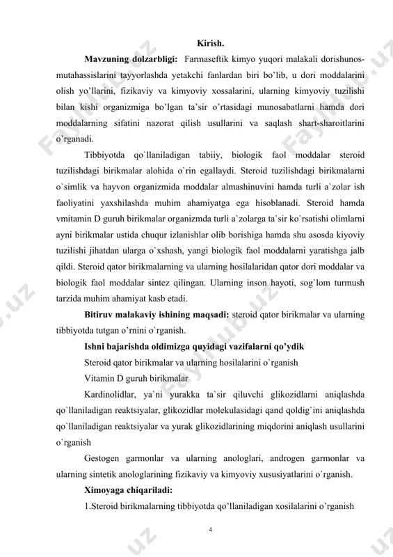 otda qo`llaniladigan tabiiy, biologik faol moddalar steroid tuzilishdagi birikmalar alohida o`rin egallaydi. steroid tuzilishdagi birikmalarni o`simlik va hayvon organizmida moddalar almashinuvini hamda turli a`zolar ish faoliyatini yaxshilashda muhim ahamiyatga ega hisoblanadi. steroid hamda vmitamin d guruh birikmalar organizmda turli a`zolarga ta`sir ko`rsatishi olimlarni ayni birikmalar ustida chuqur izlanishlar olib borishiga hamda shu asosda kiyoviy tuzilishi jihatdan ularga o`xshash, yangi biologik faol moddalarni yaratishga jalb qildi. steroid qator birikmalarning va ularning hosilalaridan qator dori moddalar va biologik faol moddalar sintez qilingan. ularning inson hayoti, sog`lom turmush tarzida muhim ahamiyat kasb etadi. bitiruv malakaviy ishining maqsadi: steroid qator birikmalar va ularning tibbiyotda tutgan o’rnini o`rganish. ishni bajarishda oldimizga quyidagi vazifalarni qo’ydik steroid qator birikmalar va ularning hosilalarini o`rganish vitamin d guruh birikmalar kardinolidlar, ya`ni yurakka ta`sir qiluvchi glikozidlarni aniqlashda qo`llaniladigan reaktsiyalar, glikozidlar molekulasidagi qand qoldig`ini aniqlashda qo`llaniladigan reaktsiyalar va yurak glikozidlarining miqdorini aniqlash usullarini o`rganish gestogen garmonlar va ularning anologlari, androgen garmonlar …