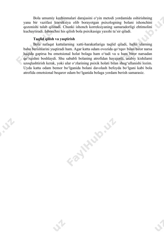 i mumkin: 1. birinchi uchrashuvda psixolog bolaga to‘g‘ridan-to‘g‘ri savol berishdan (sening oting nima? kabi), bolaga ko‘z tashlab qo‘yishdan, uning «o‘ychanligini» aniqlash uchun «yopishib» olishdan, kuchli sezgi uyg‘otishdan qochish kerak. bola bilan munosabat o‘rnatishning boshlanishida bosim o‘tkazmaslik lozim. munosabatda salbiy tajribaga ega bo‘lgan bola uni yana o‘zi uchun yoqimsiz bo‘lgan vaziyatga tortayotganlarini tushinmasligi lozim. 2. psixolog qilayotgan harakat bolaning o‘zi qilayotgan harakat ramkasidan chiqmasligi lozim. unga o‘zining o‘yinini taklif qilish emas, balki bola nima qilayotganligini kuzatib, u bilan birga shug‘ullanishi lozim. qo‘rquv predmeti bilan o‘yin bu metod shaxs taraqqiyoti bilan bog‘liq emotsional buzilish korreksiyasida maxsus metodlardan biri hisoblanadi. o‘yinda qo‘rquvni yengib o‘tish nafaqat shaxs munosabatini o‘zgartiradi, balki qo‘rquvdan qolgan hissiyotlarni chiqarib yuboladi. o‘yin uchun bola qo‘rqadigan narsaga o‘xshash o‘yinni topish kerak. emotsional ta’sir o‘tkazish ota-onalarning qilgan nasihatlari ko‘p hollarda hech qanaqa yordam bermaydi, ammo kattalarning qo‘rquv ob’ektiga bo‘lgan munosabati bolaga ta’sir qiladi. qo‘rquv emotsional o‘tkazish mexanizmi yordamida kattalar munosabati orqali o‘tkaziladi. …