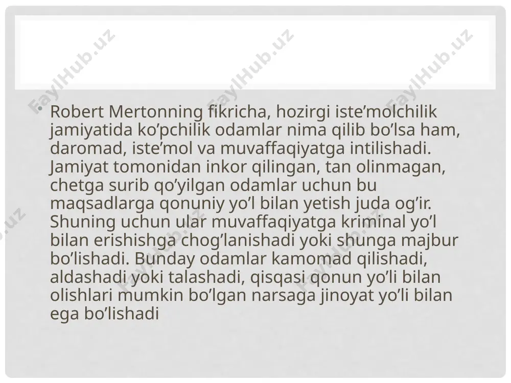 fqatsiz munosabat (jismoniy jazo) yoki ularning ruhiy shafqatsizlik va befarqlik sharoitida tarbiyalanishlari ham qo’shilishi mumkin. delinkvent xulq tarbiyada jazolash usuli bilan uzviy bog’liq. shunday muhitda o’sgan bola jazolash va shafqatsiz muomala haqidagi bilimdan boshqa narsani o’zlashtirmaydi. bunday tarbiya qurboni keyinchalik o’z tajribasini boshqa odamlarga ham tarqatadi, “agressor bilan identifikasiya” qilish hodisasi sodir bo’ladi. jinoyatchi o’zi bilan bolalikda nima qilishgan bo’lsa, o’z qurbonlari bilan ham shunday yo’l tutadi. delinkvent xulqli shaxs ruhiy tuzilishini o’zligini yo’qotish qo’rquvi, birovni yaxshi ko’rmaslik, yakkalanish, ma’nosizlik, ojiz g’azab va umidsizlik bilan bog’liq og’ir kechinmali psixik holatlar tashkil qiladi. agar bunday shaxs o’ziga o’xshagan odamlar bilan bir guruhga birlashsa, o’z shaxsiy vaziyatining chidab bo’lmasligini unutishi oson kechadi. agar ular birgalikda jinoyat sodir qilishsa, bunday jinoyat odatda jamiyat vakillariga qarshi qaratilgan bo’ladi. guruh ishtirokchilari endi tarbiyani so’zma-so’z tushunib, bir vaqtlar ota-onalari ularga nisbatan qo’llagan tarbiyaning qurbonlari bo’lishdan qutuladilar. shu bilan birga ular endi o’zlarining ahvolini qoniqtiradigan mashg’ulot bilan …