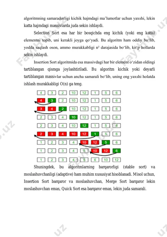 qaror emas, lekin juda samarali. saralash algoritmlarini tanlashda massiv hajmi, elementlar tartibi, vaqt va xotira chegaralari inobatga olinadi. amaliy dasturlarda tez-tez uchraydigan holatlar uchun samarali algoritm tanlash umumiy tizim ishlashiga katta ta’sir ko‘rsatadi. shu sababli, ichki saralash algoritmlarini chuqur o‘rganish va ularni turli vaziyatlarga moslashtirib qo‘llash dasturchilar uchun muhim ko‘nikmalardan biri sanaladi. shuningdek, saralash algoritmlarini o‘rganishda ularning ishlash printsiplarini, algoritmik murakkabliklarini, va amaliy tajribalarda o‘zini qanday tutishini tahlil qilish juda muhimdir. masalan, bubble sort va selection sort kabi oddiy algoritmlar o‘zining soddaligi tufayli o‘quv maqsadlarida keng o‘rganiladi, lekin real dunyo loyihalarida kamdan-kam ishlatiladi. aksincha, quick sort va merge sort kabi algoritmlar katta hajmdagi ma’lumotlar bilan ishlaganda samarali natijalar beradi va ko‘plab zamonaviy dasturlash kutubxonalarida asosiy saralash mexanizmlari sifatida qo‘llaniladi. shuni ham eslatib o‘tish kerakki, ba’zi hollarda bir nechta saralash algoritmlarini kombinatsiya qilish ham samarali bo‘lishi mumkin. misol uchun, quick sort katta massivlar uchun ishlatiladi, ammo kichik qismlar insertion sort bilan …