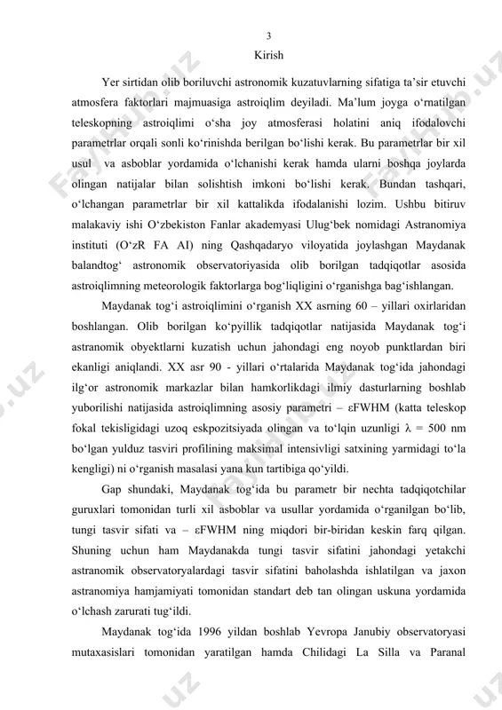 dan boshlangan. olib borilgan ko‘pyillik tadqiqotlar natijasida maydanak tog‘i astranomik obyektlarni kuzatish uchun jahondagi eng noyob punktlardan biri ekanligi aniqlandi. xx asr 90 - yillari o‘rtalarida maydanak tog‘ida jahondagi ilg‘or astronomik markazlar bilan hamkorlikdagi ilmiy dasturlarning boshlab yuborilishi natijasida astroiqlimning asosiy parametri – εfwhm (katta teleskop fokal tekisligidagi uzoq eskpozitsiyada olingan va to‘lqin uzunligi λ = 500 nm bo‘lgan yulduz tasviri profilining maksimal intensivligi satxining yarmidagi to‘la kengligi) ni o‘rganish masalasi yana kun tartibiga qo‘yildi. gap shundaki, maydanak tog‘ida bu parametr bir nechta tadqiqotchilar guruxlari tomonidan turli xil asboblar va usullar yordamida o‘rganilgan bo‘lib, tungi tasvir sifati va – εfwhm ning miqdori bir-biridan keskin farq qilgan. shuning uchun ham maydanakda tungi tasvir sifatini jahondagi yetakchi astranomik observatoryalardagi tasvir sifatini baholashda ishlatilgan va jaxon astranomiya hamjamiyati tomonidan standart deb tan olingan uskuna yordamida o‘lchash zarurati tug‘ildi. maydanak tog‘ida 1996 yildan boshlab yevropa janubiy observatoryasi mutaxasislari tomonidan yaratilgan hamda chilidagi la silla …