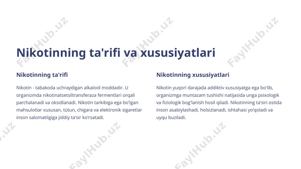larning ruhiy va fiziologik sog'ligʻiga salbiy ta'sir etishi mumkin. 7 nikotinizmning oʻsmirlar organizmiga ta'siri kognitiv rivojlanish nikotinizm oʻsmir yoshidagi bolalar va o'spirinlarda kognitiv rivojlanish jarayonlariga salbiy ta'sir ko'rsatadi. bu miya rivojlanishi, diqqat, xotira va o'rganish qobiliyatlarining susayishiga olib keladi. jinsiy yetilish nikotinning ta'siri ostida jinsiy yetilish jarayonlari buzilishi, hormonal muvozanatning buzilishi kuzatiladi. bu o'g'il bolalarning spermatogenezi va qizlarning menstrual tsikli rivojlanishiga salbiy ta'sir qiladi. xulq-atvor muammolari nikotinizm o'smirlar va o'spirinlarda xulq-atvor va ruhiy sohasida turli muammolarga olib kelishi mumkin. bu ularning mustaqil va oqilona qarorlar qabul qilish qobiliyatiga salbiy ta'sir ko'rsatadi. 8 nikotinizmning ayollar organizmiga ta'siri reproduktiv sog'liq uchun xavf nikotinizm ayollarda homila rivojlanishiga salbiy ta'sir ko'rsatadi. nikotinning toksik moddalar hosil qilishi, qon tomirlari va platsenta orqali homilaga o'tishi, embrional hujayralarning parchalanishiga olib keladi. bu esa tug'ilish nuqsonlari, tug'ruq muddatidan ilgari, og'ir tug'riqlar va sut bezlari kasalliklarining rivojlanishiga sabab bo'lishi mumkin. qon aylanish tizimiga ta'siri nikotinning qon tarkibidagi nikotin metabolitlari …