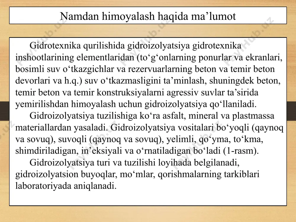 esa ushbu usulni qo’llash imkoniyatini va sohasini ko’paytiradi; xulosa suvaladigan izolyatsiyaning kamchiliklari va yutuqlarini to’g’ri aniqlagan holda, ularni kerakli sohalarga qo’llash natijasida yetarli samaradorlikga erishish mumkin. gidroizolyatsiya turlarini tanlashda dastavval ularga ketadigan sarf harajatlarni va ularni qo’llanish sohalarini tanlsh davomida surkaladigan texnologiyaning nisbatan arzonligi qo’l kelishi mumkin. foydalanilgan adabiyotlar va internet saytlari husanxo’jayev o’, davronov g’ “gidrotexnika ishlarini bajarish” toshkent 2014 y s. sayfiddinov “zamin va poydevorlar” toshkent 2010y www.ziyonet.uz/uz image5.png image6.png image7.png image8.png media1.mp4 image9.png image10.jpg image11.jpg image12.jpg image3.png image4.png