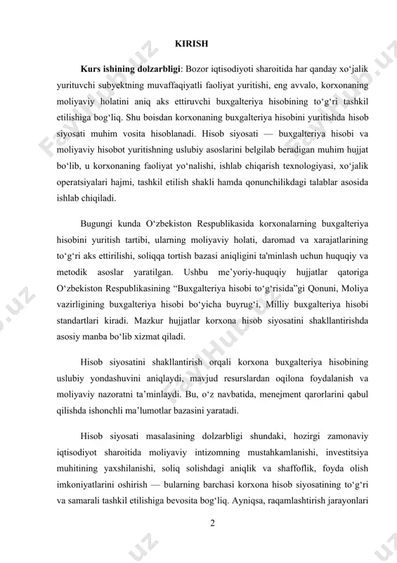 di. hisob siyosati masalasining dolzarbligi shundaki, hozirgi zamonaviy iqtisodiyot sharoitida moliyaviy intizomning mustahkamlanishi, investitsiya muhitining yaxshilanishi, soliq solishdagi aniqlik va shaffoflik, foyda olish imkoniyatlarini oshirish — bularning barchasi korxona hisob siyosatining to‘g‘ri va samarali tashkil etilishiga bevosita bog‘liq. ayniqsa, raqamlashtirish jarayonlari kuchaygan bir davrda buxgalteriya hisobini avtomatlashtirish, elektron hisobot tizimlarini joriy etishda ham hisob siyosatining roli sezilarli darajada ortmoqda. mazkur kurs ishining asosiy maqsadi — korxonalarda hisob siyosatining mazmun-mohiyatini ochib berish, uni shakllantirish mezonlari, amaliyotda qo‘llanishi va korxonaning moliyaviy faoliyatiga ta’sirini tahlil qilishdan iborat. kurs ishining obyekti sifatida o‘zbekiston respublikasida faoliyat yuritayotgan tijorat tashkilotlarida buxgalteriya hisobining yuritilishi, ayniqsa, hisob siyosatining qo‘llanilishi va amaliy tajribasi olinadi. kurs ishining predmeti esa korxonaning hisob siyosatini shakllantirish, amalga oshirish va uni yuritishda foydalaniladigan huquqiy, iqtisodiy hamda uslubiy normalar majmuasidir. kurs ishining vazifalari ushbu kurs ishining oldiga quyidagi vazifalar qo‘yilgan: 1. hisob siyosatining nazariy asoslarini yoritish; 2. hisob siyosatini shakllantirishda amal qilinadigan qonuniy-me’yoriy hujjatlarni tahlil …