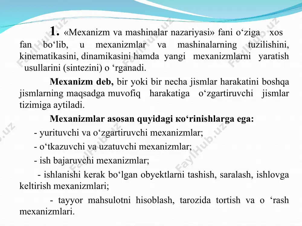 izmlar tahliliga bag‘ishlangan; ikkinchi guruh muammolari esa mexanizmlaming berilgan tuzilishiga, kinematik va dinamik xususiyatlariga ega bo‘lgani hamda talab qilingan qonun bo‘yicha harakat qiluvchi mexanizmlar yaratishga, ya’ni mexanizmlar siriteziga bag'ishlangan. «mexanizm va mashinalar nazariyasi» fani quyidagi asosiy boblardan tashkil topgandir: -mexanizmlar tuzilishining tahlili; -mexanizmlarning kinematik tahlili; -mexanizmlarning dinamik tahlili; -mexanizmlar sintezi; -avtomatik mashinalar nazariyasi. mexanizmlar - qism, bo‘g‘in va kinematik juftlardan tashkil topgandir. mexanizmlarning asosini detallar tashkil etadi. detal - yig'uv uslublarisiz ishlab chiqilgan mashina yoki mexanizmning qismiga aytiladi. detallarga misol qilib bolt, gayka, porshen, shatun va h.k larni keltirish mumkin. bo‘g‘in - bir yoki bir nechta detallarning mustahkam birikmasiga aytiladi. bo‘g‘inlarga esa porshen, shatun, rama va h.k larni keltirish mumkin. bo‘g‘inlar, jumladan detallar ham mexanizm yoki mashinaiarda tutgan o‘rinlariga qarab, qo‘zg‘almas yoki qo‘zg‘aluvchan bo'lishi mumkin: masalan, shatunni olib qaraylik. bu bo‘g‘in bir necha detallarni mustahkam birikmasidan iboratdir. bu detallarning hammasi birikib, birikma holatida harakat qiladi va qo’zg‘aluvchan bo‘g‘inni tashkil etadi. …