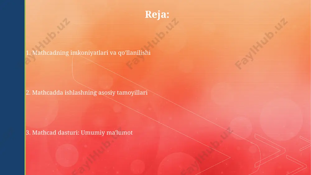 ishingiz mumkin. murakkab matematik ifodalarni, masalan, 2x² + 3x - 5 kabi ifodalarni yozishda mathcad avtomatik ravishda matematik formatlashni qo'llaydi va to'g'ri hisoblashni ta'minlaydi. hisobotlar yaratish va eksport qilish mathcad hisobotlarini pdf, rtf yoki html formatlarida eksport qilish imkoniyati mavjud bo'lib, bu 20 dan ortiq turdagi grafiklar va jadvallarni o'z ichiga olishi mumkin. hisobotlarga 1000 ta belgidan ortiq matnli izohlar, formulalar va hisob-kitoblar natijalari qo'shish mumkin, bu hisobotning to'liqligi va tushunarliligini ta'minlaydi. amaliy misol: muhandislik masalasi 200 mm diametrli va 10 mm devor qalinligiga ega boʻlgan poʻlat trubaning moment inertsiyasini va kuchlanishini mathcad dasturi yordamida hisoblash orqali, trubaning mustahkamligini baholash mumkin. mathcad yordamida 10 kn yuk koʻtaruvchi poʻlat ustunni loyihalashda, uning uzunligi 5 metr va materialning elastiklik moduli 200 gpa boʻlganda, ustunning egiluvchanligini aniqlash mumkin. grafiklar va diagrammalar yaratish foydalanuvchi o'zgaruvchilar va funksiyalarni o'zgartirib, grafiklarni interaktiv ravishda tahrirlashi va 5 xil rang sxemasi orasidan tanlashi mumkin. mathcad grafiklarga sarlavhalar, o'qlarga …