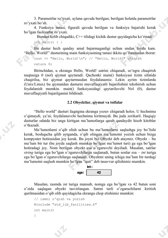 l qo’ymaydi. lekin kompilyator qaysi o’zgaruvchilarga qanday amallarni bajarish mumkinligi haqida bilmaydi va quyidagidek be’mani xatolarga yo’l qo’yib beradi: int age = –100; ko’rinib turibdiki, inson manfiy yoshga ega bo’la oilmaydi, lekin hech kim bu haqida kompilyatorga aytmadi, shuning uchun bunday hollarda kompilyator hech qanday xatolik haqida habar bermaydi. quyida eng ko’p tarqalgan turlar uchun amallar ro’yxati keltirilgan: bool char int double string tenglash (qiymat berish) = = = = = qo’shish + + ulash + ayirish – – ko’paytirish * * bo’lish / / qoldiq % birga inkrement (oshirish) ++ ++ 1ga decrement(kamaytirish) – – – – n ga inkrement +=n +=n ohiriga qo’shish += n ga qo’shish -=n -=n ko’paytirib tenglash *= *= bo’lib tenglash /= /= qoldiq olish va tenglash %= s fayldan x ga o’qish s>>x s>>x s>>x s>>x s>>x x ni s faylga yozish s > > > > katta yoki teng >= >= >= …