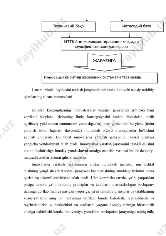 kiritish nazorat tariqasida baholash berish 2.-rasm. innovatsiya jarayonida loyihaviy qarorlarning tanlanishini sistemali tahlil qilishning umumiy blok-chizmasi innovatsiya modellarini axborot tuzish, unga tuzatish kiritish va uni tahlil qilishga doir informatsion va matematik taomillar orqali ishlab chiqish mumkin. ushbu modellarning variantlari innovatsiya jarayonini rivojlantirish yo‘llari va eng maqbul variantini tanlash haqidagi qiyosiy ma’lumotlarni olish maqsadida tahlil qilinadi. rivojlanishning ushbu modeli tuzilishiga doir axborot kelib tushgan sari kengaytirilgan, unga tuzatishlar keltirgan va ko‘rinishi o‘zgartirilgan taqdirdagina unga dinamik xususiyat berish mumkin. innovatsiya faoliyatini boshqarish mexanizmi deganda, yangiliklarni ishlab chiqaruvchilar bilan uning iste’molchilari o‘rtasida uni yaratish, ishlab chiqarish, ishlatish borasida yuzaga keladigan barcha shakllardagi iqtisodiy munosabatlardan foydalanish zaruratini obyektiv ravishda keltirib chiqaruvchi iqtisodiy, tashkiliy, huquqiy hamda boshqa metodlar va usullar majmui tushuniladi. innovatsiya jarayonini boshqarish mexanizmini funksional va ta’minlovchi kichik tizimlardan iborat ikki o‘zaro bog‘liq blok ko‘rinishida tasavvur qilish mumkin har bir kichik tizim yangilikni yaratish va qo‘llash jarayoni uning “hayotiy sikli»dagi har qanday bosqichda …