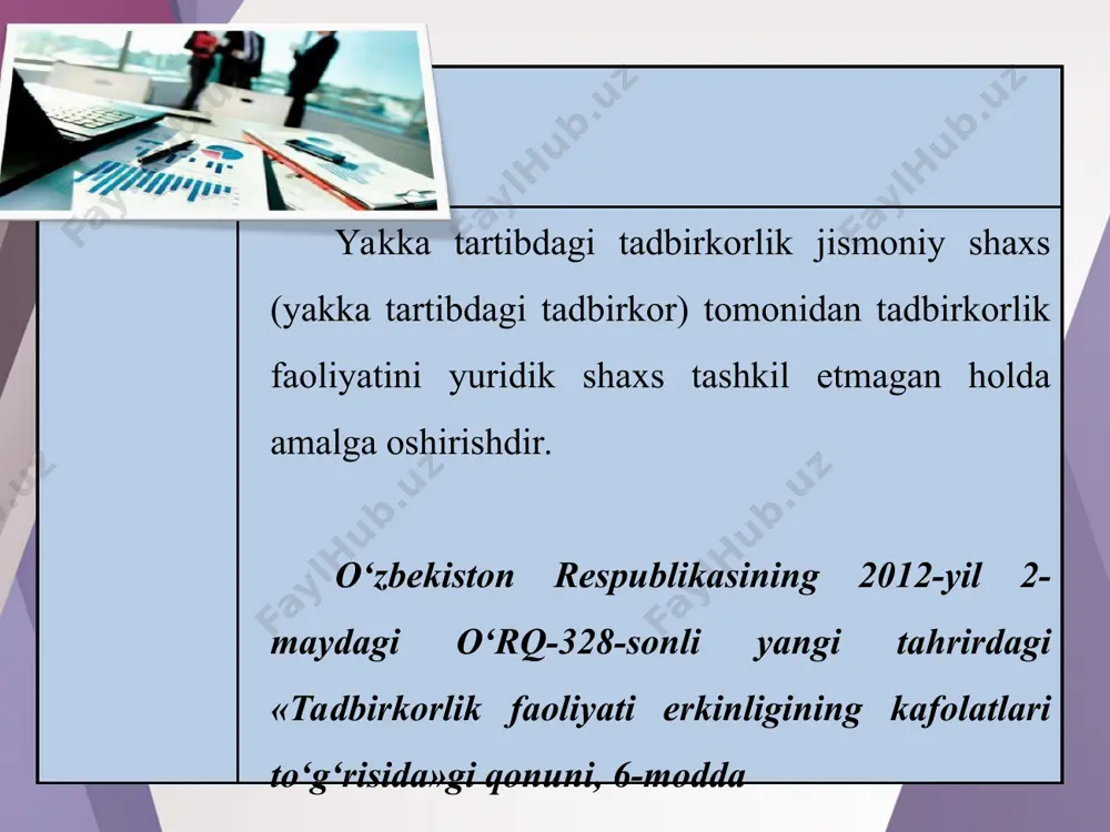ash bo‘yicha maqsadli va kompleks chora-tadbirlarni amalga oshirish, shu asosda aholi, ayniqsa yoshlar, ayollar va kam ta’minlangan oilalar bandligini ta’minlashdan iborat. o‘zbekiston respublikasi «hunarmand» uyushmasi respublikaning barcha viloyat va tumanlarida uyushmaning boshqarma (13 ta) va bo‘limlari (159 ta) mavjud. siz «hunarmand» uyushmasi to‘g‘risidagi boshqa ko‘plab foydali ma’lumotlar bilan muassasaning http://handicraftman.uz elektron sahifasi orqali tanishib borishingiz mumkin. o‘zbekiston «tadbirkor ayol» tadbirkor ayollar assotsiatsiyasi o‘zbekiston ishbilarmon ayollar assotsiatsiyasi 1991-yilda tashkil topgan bo‘lib, ayollarning iqtisodiy va ijtimoiy huquqlarini kengaytirish va himoya qilish bilan shug‘ullanadi. «tadbirkor ayol» assotsiatsiyasining vazifasi ayollarning iqtisodiy, ijtimoiy huquqlari va imkoniyatlarini kengaytirish hamda himoyalash, ularning tadbirkorlik va jamoat tashabbuslarini qo‘llab-quvvatlash, moliyaviy, ta’lim axborot resurslaridan foydalanishini ta’minlashga ko‘maklashishdir. siz «tadbirkor ayol» assotsiatsiyasi to‘g‘risidagi boshqa ko‘plab foydali ma’lumotlar bilan muassasaning http://adju.uz elektron sahifasi orqali tanishib borishingiz mumkin. yakka tartibdagi tadbirkorlikning asosiy xususiyatlari yakka tartibdagi tadbirkorlar faoliyat turi va uni yuritish joyiga qarab eng kam ish haqiga karrali miqdorlarda qat’iy belgilangan soliq to‘lovlarini …