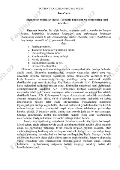 elementar hodisalar fazosi. tasodifiy hodisalar va ehtimolning turli ta’riflari — DOCX