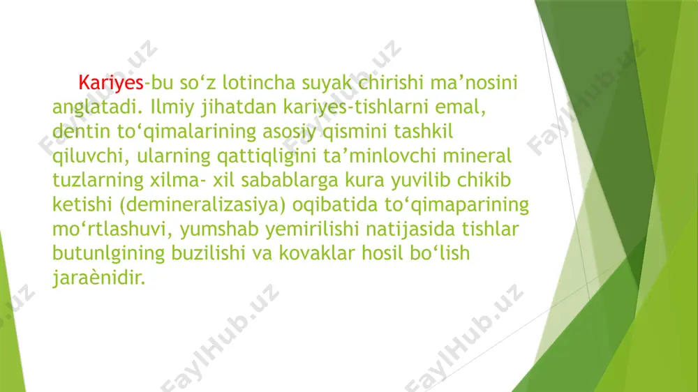 gan shakli (3-daraja) bugungi kunda kries kasalligini keltirib chiqaruvchi sabablar 2 guruhga bo’linadi tishlar emal qavatining kariesga turg’unligini pasaytiruvchi sabablar homiladorlik davrida yuzaga kelishi mumkin bo’lgan bola tug‘ilgandan keyin sodir bo‘ladigan sabablar karies jaraynining sodir bo‘lishida bevosita ishtirok etuvchi og‘iz bo‘shlig‘idagi shart-sharoitlar! homiladorlik davrida yuzaga kelishi mumkin bo‘lgan homilador aѐlning o‘tkir yuqumli kasalliklar bilan kasallanishi kechki toksikozlarni boshdan kechirishi rasional ovqatlanmasligi homiladorlik davrida radioaktiv nurlar bilan nurlanish homilador aѐl ichimlik suvidagi ftor miqdorining me’ѐrdan past bo‘lishi bola tug‘ilgandan keyin sodir bo‘ladigan sabablar bola tug‘ilgandan so‘ng uni sun’iy oziqlantirish bolani rasional ovqatlanishini ta’minlamaslik bola ichimlik suvida ftor miqdorining pastligi bolaning 1-3 ѐshlik davrida o‘tkir yuqumli og‘ir xastaliklarni(qizamiq, difteriya, skarlatina va b.) boshidan kechirishi tez tez shamollashlar, dispepsiya, diareya xolatlari bolaning 1-3 ѐshlik davrida radioaktiv nurlar bilan nurlanishi nasldan naslga beriluvchi irsiy xususiyat karies jaraynining sodir bo‘lishida bevosita ishtirok etuvchi og‘iz bo‘shlig‘idagi shart-sharoitlar! 1. tishlar yuzasida karashlar mavjudligi 2. og‘iz bo‘shlig‘ida mikroorganizmlarning …