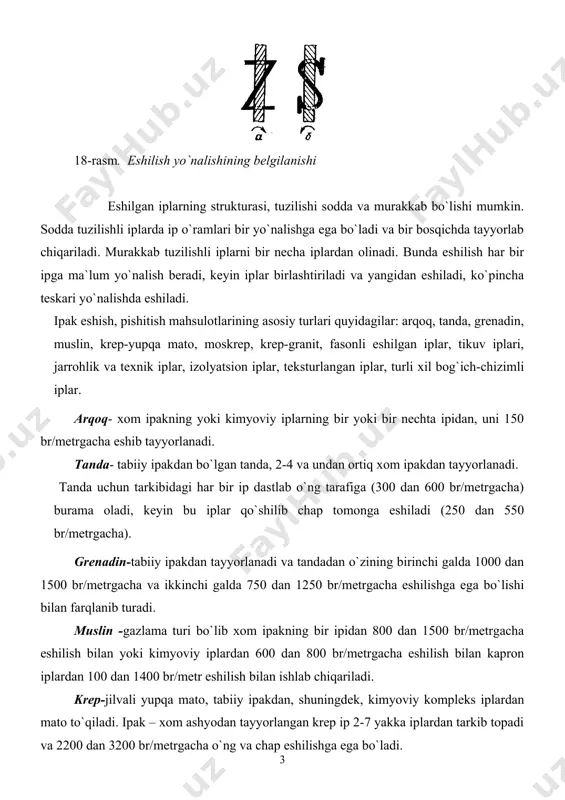plardan 100 dan 1400 br/metr eshilish bilan ishlab chiqariladi. krep-jilvali yupqa mato, tabiiy ipakdan, shuningdek, kimyoviy kompleks iplardan mato to`qiladi. ipak – xom ashyodan tayyorlangan krep ip 2-7 yakka iplardan tarkib topadi va 2200 dan 3200 br/metrgacha o`ng va chap eshilishga ega bo`ladi. moskrep- tabiiy ipakdan ishlanadigan moskrep 3 yoki 4 krep iplardan, bunga yana 2 yoki 3 xom ipak iplarini qo`shib turib ishlab chiqiladi. qo`shilgan bu iplarga 500 br/metr eshilib, bundagi buramlar yo`nalishi krep iplarning eshilish yo`nalishiga mos keladi. krep-granit - moskrepdan quyidagi xususiyati bilan ajralib turadi, ya`ni birlashgan krepsimon va buramsiz iplar bir yo`nalishda eshiladi, eshilish miqdori taxminan 500 br/metrga teng. fasonli-iplar bir xildagi iplardan ham, turli ko`rinishdagi iplardan ham, masalan, tabiiy ipakdan, viskozadan va atsetat iplardan va yigirilgan ipak iplardan ishlab chiqariladi. tikuv iplari, quyidagi shartli belgi nomerlarda 13a, 18, 18a, 33, 33a, 65 va 65s, ular 4 tadan to 21tagacha 3,23 va 4,65 teksdan xom ipak …