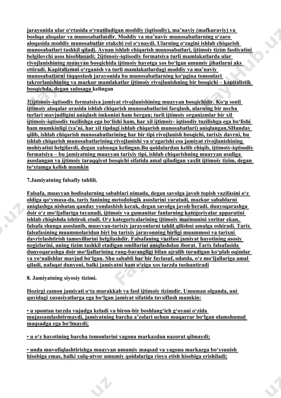 jamoa harakatining mazkur usulini boshqalarga qaraganda ko‘proq qo‘llay boshladilar» 4. jamiyatning siyosiy hayoti. fuqarolik jamiyati – davlat hokimiyati organlarining to‘g‘ridan-to‘g‘ri aralashuvidan qonunlar bilan muhofaza etilgan ixtiyoriy uyushmalar va tashkilotlar majmui.zamonaviy jamiyatda davlat odamlarning shaxsiy hayotiga aralashmaydi, ularni yagona mafkura va qadriyatlar yagona tizimini qabul qilishga majburlamafuqarolik jamiyatiga o‘zbekiston respublikasi birinchi prezidenti i.karimov quyidagicha ta’rif beradi: “fuqarolik jamiyati - ijtimoiy makon. bu makonda qonun ustuvor bo‘lib, u insonning o‘z-o‘zini kamol toptirishiga monelik qilmaydi, aksincha, yordam beradi. shaxs manfaatlari, uning huquq va erkinliklari to‘la darajada ro‘yobga chiqishiga ko‘maklashadi. ayni vaqtda boshqa odamlarning huquq va erkinliklari kamsitilishiga yo‘l qo‘yilmaydi. ya’ni erkinlik va qonunga bo‘ysunish bir vaqtning o‘zida amal qiladi, bir- birini to‘ldiradi va birbirini taqozo etadi. boshqacha aytganda, davlatning qonunlari inson va fuqaro huquqlarini kamsitmasligi lozim. shuning barobarida barcha odamlar qonunlarga so‘zsiz rioya qilishlari shart” 5.jamiyatning ma’naviy hayoti. moddiy, utilitar qadriyatdan farqli o‘laroq, ma’naviy qadriyat o‘ziga to‘q xusu- siyat kasb etadi va o‘zidan …