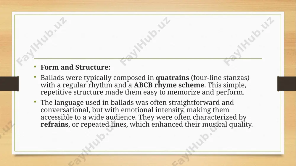 l means of expressing the struggles, values, and beliefs of medieval society. the simple, yet impactful, structure of the ballads allowed for easy memorization and widespread dissemination, ensuring their place in the hearts and minds of the common people. the themes of love, betrayal, heroism, and tragedy were central to these ballads, with stories often ending in loss or death, reflecting the harsh realities of medieval life. additionally, supernatural elements and social commentary in many ballads served as a means of grappling with the uncertainties and injustices of the time. figures like robin hood emerged as symbols of resistance against authority, while ballads about murder, revenge, and the supernatural highlighted the complex moral landscape of the medieval world. image5.png image6.png image3.png image4.png /docprops/thumbnail.jpeg