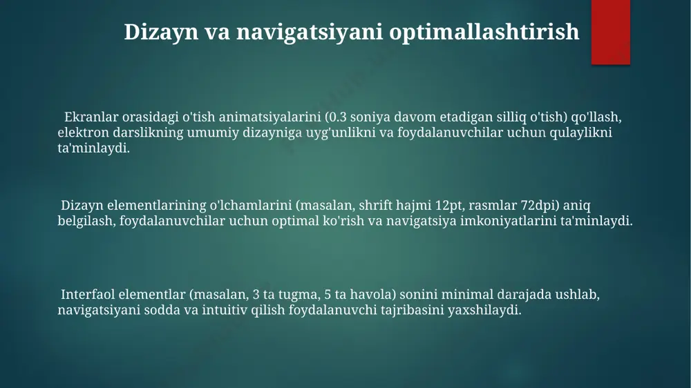 esa -2 ball berish kabi ballar sistemasini qoʻllash mumkin. avtomatik tekshirish imkoniyatiga ega 5 ta turli savol turidan (tanlash, toʻldirish, moslashtirish, qisqa javob va essay) foydalanib, talabalarning bilim darajasini aniqlash mumkin. matn, rasm va videolarni qo'shish rasm va videolarni qo'shish uchun dastur 1080p gacha bo'lgan yuqori sifatli media fayllarni qo'llab-quvvatlaydi va ularni o'lcham va joylashuvini aniq sozlash imkoniyatini taqdim etadi. matn qo'shishda, autoplay dasturi 3000 belgidan ortiq matnlarni qo'llab-quvvatlaydi, shuningdek, turli xil shriftlar va o'lchamlarni tanlash imkoniyatini beradi. autoplay yordamida eng kamida 5 turdagi media fayllarni (jpg, png, mp4, mov, gif) qo'shishingiz va ularni bir-biriga bog'lash orqali interaktiv darslik yaratishingiz mumkin. elektron darslikni eksport qilish va nashr etish elektron darslikni pdf, epub kabi 3 xil formatda eksport qilish, turli qurilmalarda moslashuvchanlikni ta'minlaydi va keng auditoriyaga yetish imkonini beradi. eksport qilingan elektron darslikni onlayn platforma yoki mobil ilovalar orqali 2 ta turli usulda nashr etish mumkin, bu esa foydalanuvchilarga qulaylik yaratadi. …
