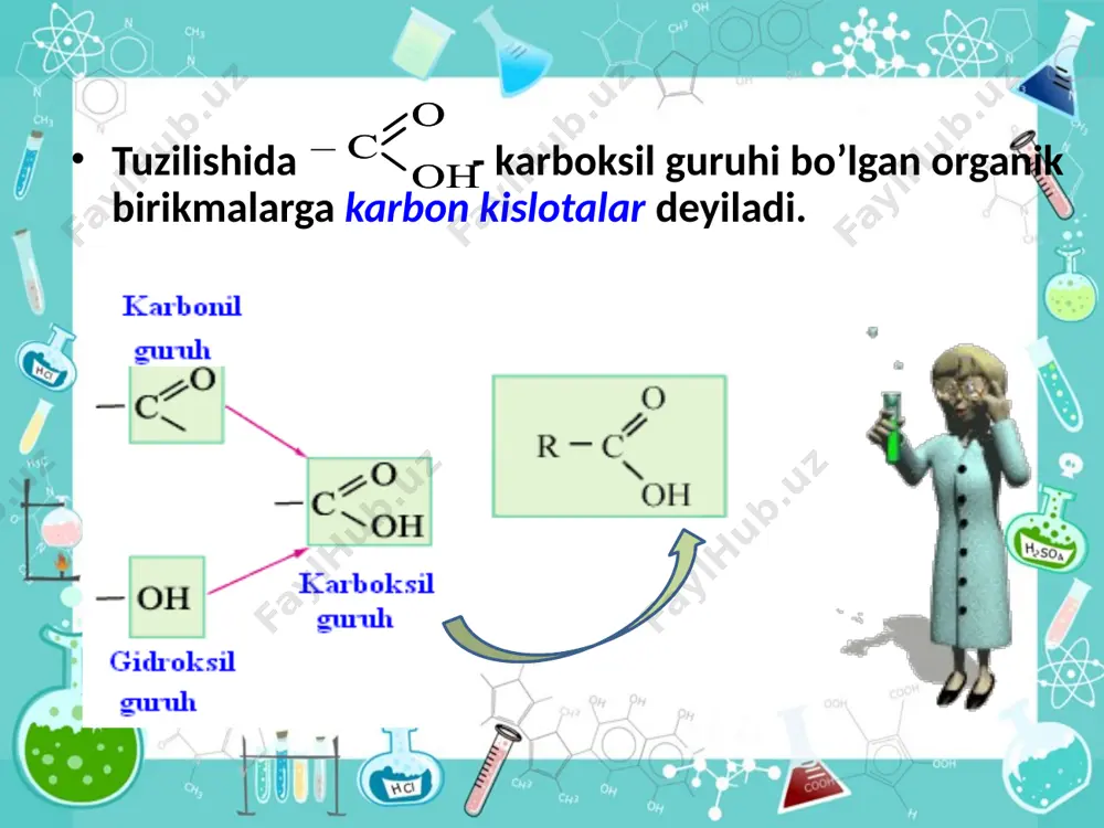 arndt-eystert reaksiyasi volf qayta guruhlanishi alohida olinadiga karbon kislotalarning spesifik olinish usullari benzoy kislotasining olinishi mono almashilgan benzol kislotaning gomologini kaliy permanganat orqali oksidlanibolinishi sirka kislotasining olinishi sanoatda butanni xavodagi kislorod orqali oksidlanib olinadi chumoli kislotasining olinishi uglrodni(ii) oksid kukunli natriy gidroksid bilan qizdirish orqali olinadi laboratoriyada olinishi glyukozani sutkislotali achitish orqali sut kislitasini olish: c6h12o6 → 2ch3ch(oh)cooh + 21,8·104 дж fizikaviy xossalari с1 – c3 rangsiz suyuqlik, o’ziga hos o’tkir hidga ega, suv bilan istalgan nisbatda aralashadi. с4 – c9 moysimon suyuqlik, yoqimsiz hidga ega, suvda yomon eriydi. с10 – hidsiz, qattiq moddalar, suvda erimaydi. nima uchu karbon kislotalar uchuvchang moddalar emas? molekulalar aro vodorod bog’ kuchli vodorod bog‘lari qaynash temperaturasiga katta ta’sir ko‘rsatadi, shuning uchun karbon kislotalarning qaynash temperaturasi ularga mos spirtlarnikidan yuqori. masalan, ikkita uglerod atomi bo‘lishiga qaramasdan, sirka kislotaning qaynash temperaturasi 117,9 °c, etanolniki esa 78,3°c teng. haydash – suyuq moddalarni tozalash benzoy kislota va boshqalar …